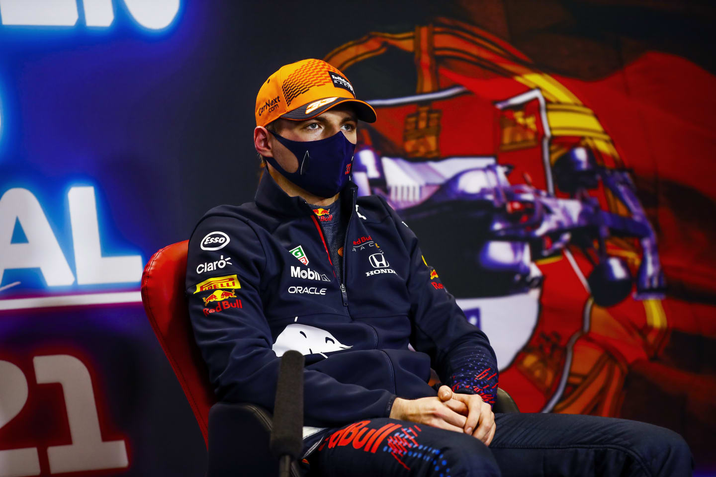 PORTIMAO, PORTUGAL - MAY 01: Third placed qualifier Max Verstappen of Netherlands and Red Bull Racing talks during a Press Conference after qualifying for the F1 Grand Prix of Portugal at Autodromo Internacional Do Algarve on May 01, 2021 in Portimao, Portugal. (Photo by Xavier Bonilla - Pool/Getty Images)