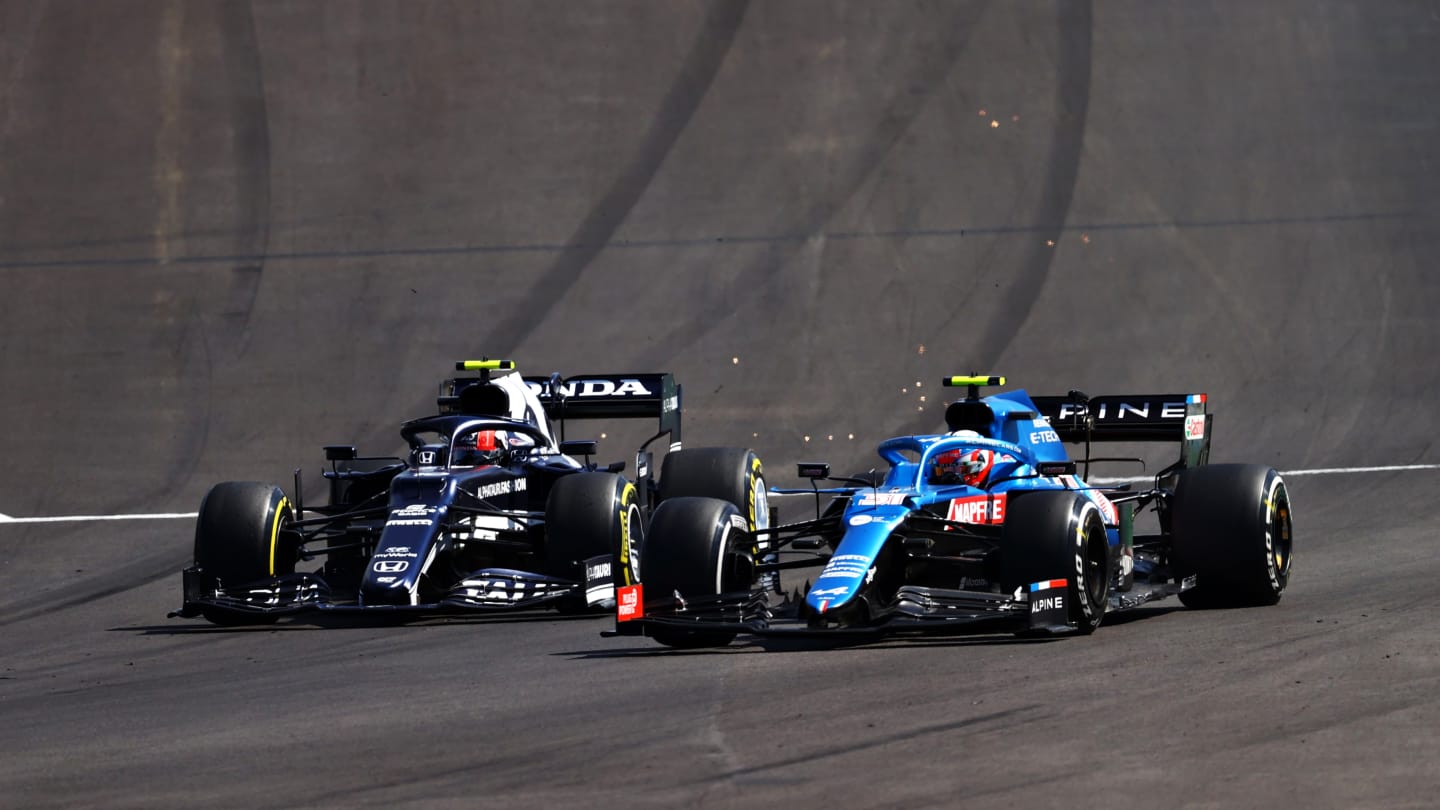 PORTIMAO, PORTUGAL - MAY 02: Esteban Ocon of France driving the (31) Alpine A521 Renault leads Pierre Gasly of France driving the (10) Scuderia AlphaTauri AT02 Honda during the F1 Grand Prix of Portugal at Autodromo Internacional Do Algarve on May 02, 2021 in Portimao, Portugal. (Photo by Dan Istitene - Formula 1/Formula 1 via Getty Images)