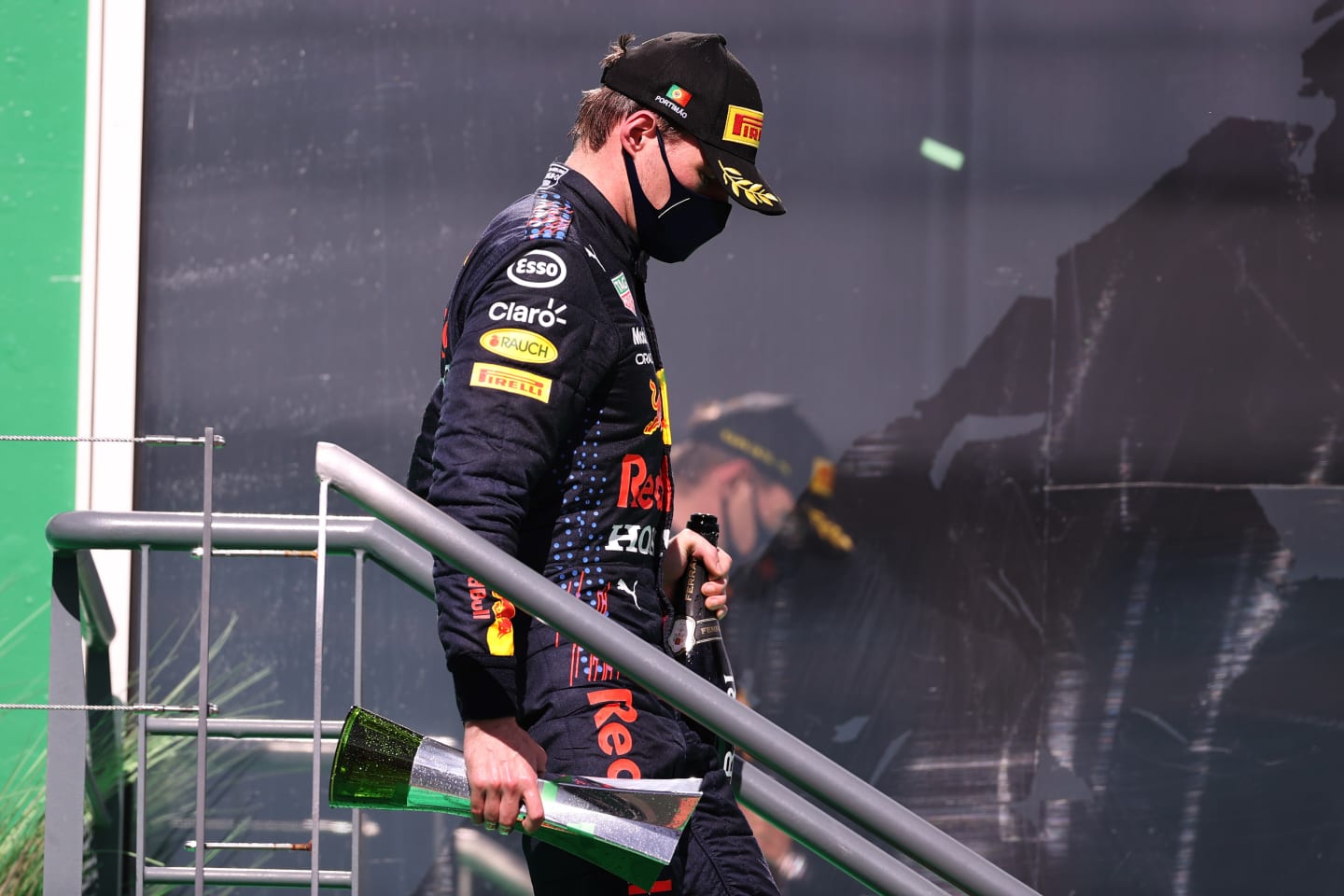 PORTIMAO, PORTUGAL - MAY 02: Second placed Max Verstappen of Netherlands and Red Bull Racing walks off the podium after the the F1 Grand Prix of Portugal at Autodromo Internacional Do Algarve on May 02, 2021 in Portimao, Portugal. (Photo by Lars Baron/Getty Images)