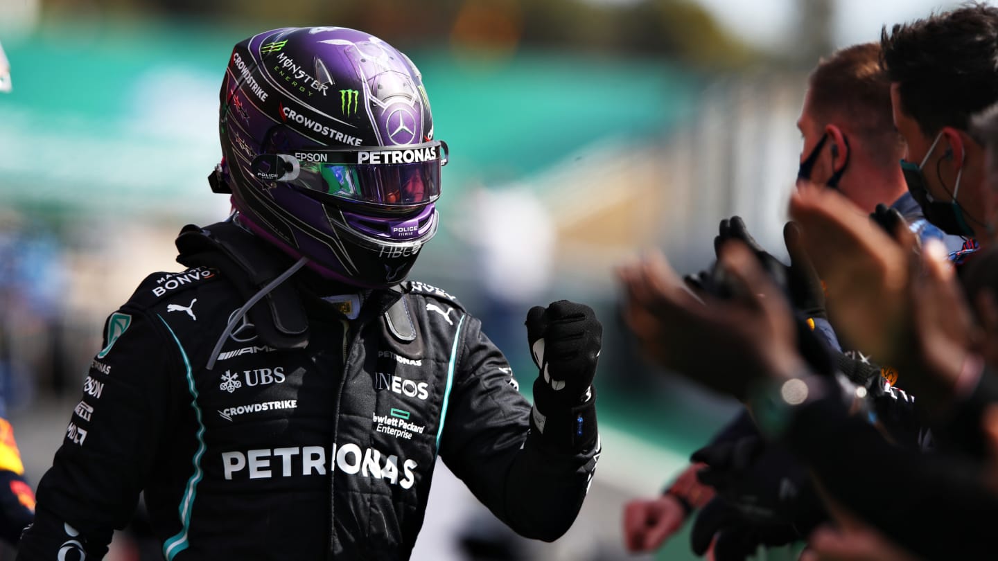 PORTIMAO, PORTUGAL - MAY 02: Race winner Lewis Hamilton of Great Britain and Mercedes GP celebrates in parc ferme during the F1 Grand Prix of Portugal at Autodromo Internacional Do Algarve on May 02, 2021 in Portimao, Portugal. (Photo by Mark Thompson/Getty Images)