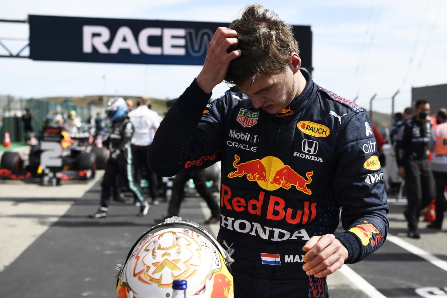 PORTIMAO, PORTUGAL - MAY 02: Second placed Max Verstappen of Netherlands and Red Bull Racing reacts in parc ferme after the F1 Grand Prix of Portugal at Autodromo Internacional Do Algarve on May 02, 2021 in Portimao, Portugal. (Photo by Gabriel Bouys - Pool/Getty Images)