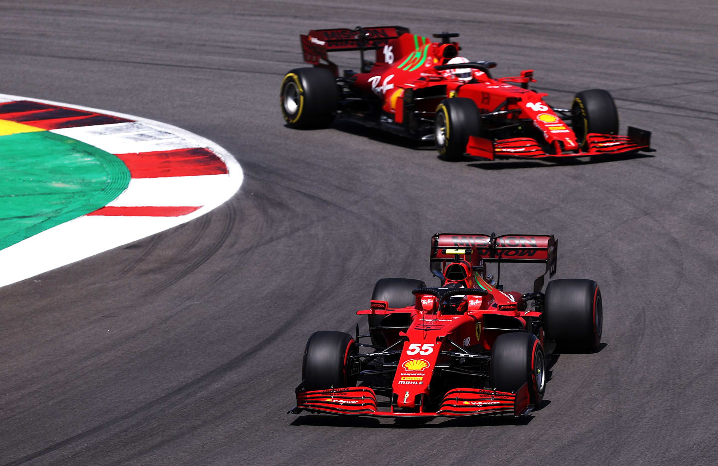 PORTIMAO, PORTUGAL - MAY 02: Carlos Sainz of Spain driving the (55) Scuderia Ferrari SF21 leads