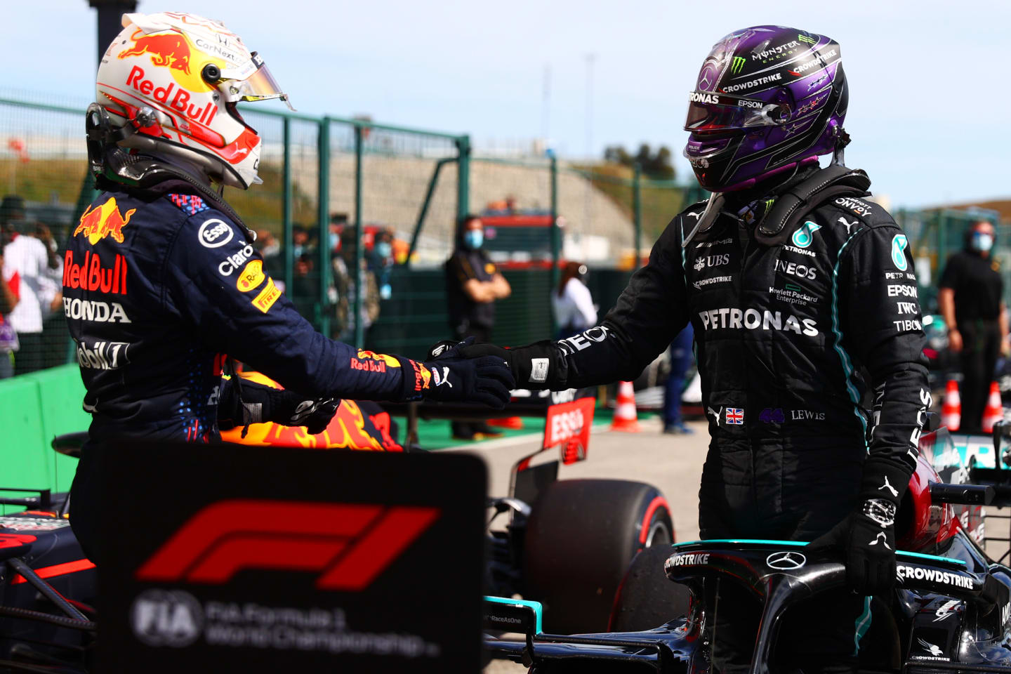 PORTIMAO, PORTUGAL - MAY 02:  Lewis Hamilton of Great Britain and Mercedes AMG Petronas shakes