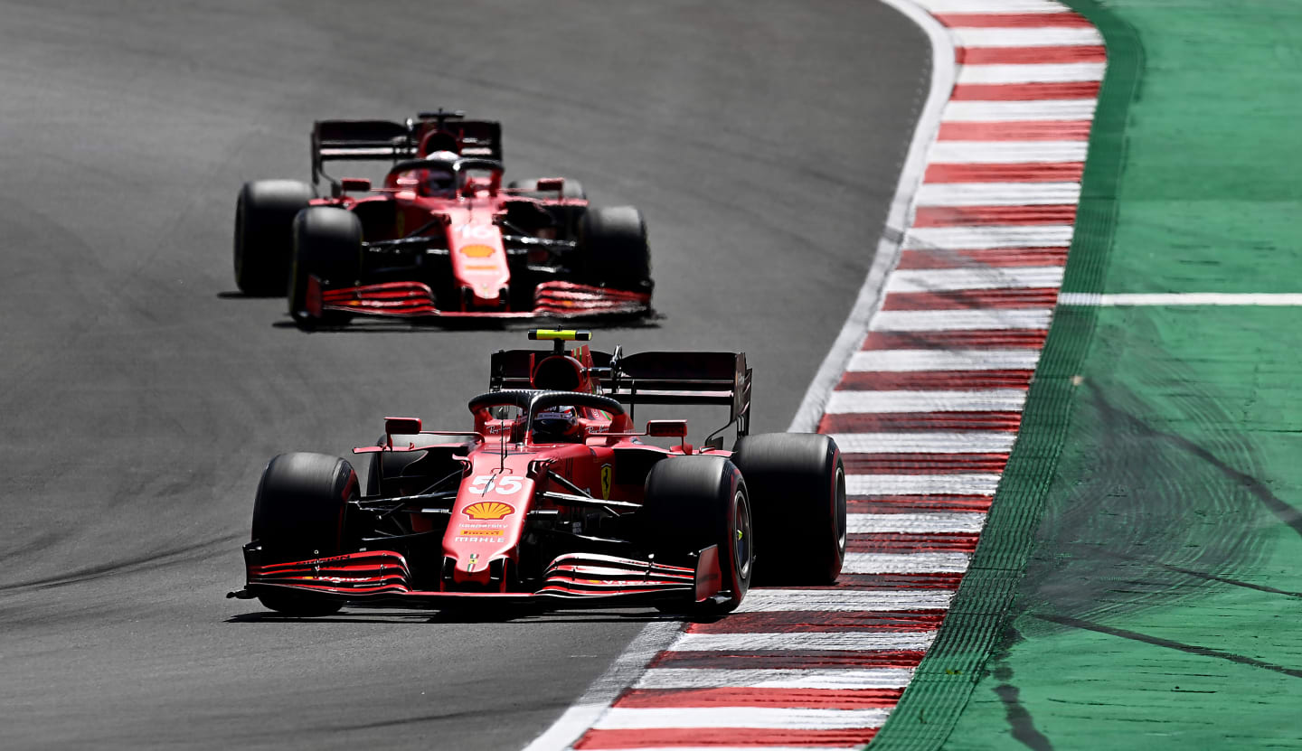 PORTIMAO, PORTUGAL - MAY 02: Carlos Sainz of Spain driving the (55) Scuderia Ferrari SF21 leads