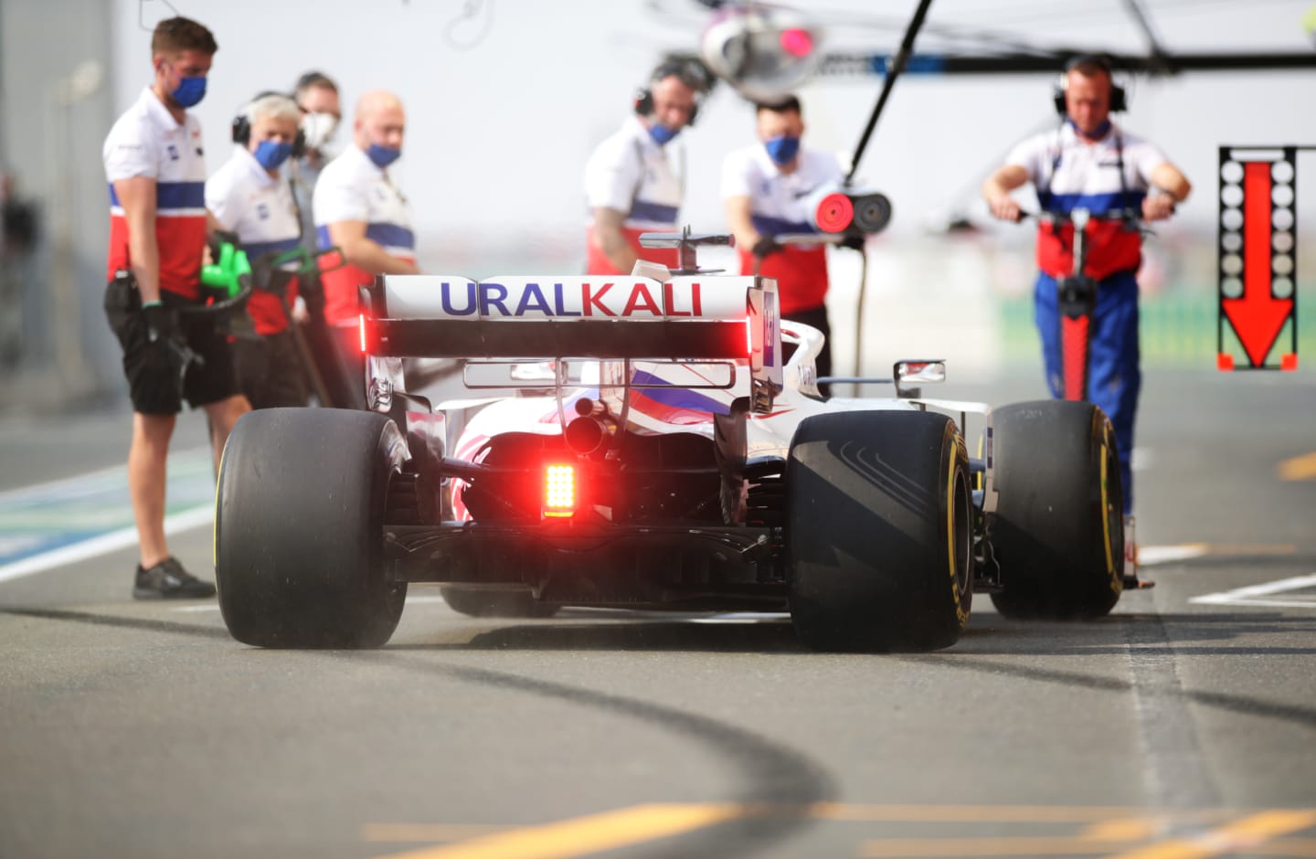 DOHA, QATAR - NOVEMBER 19: Nikita Mazepin of Russia driving the (9) Haas F1 Team VF-21 Ferrari in the Pitlane during practice ahead of the F1 Grand Prix of Qatar at Losail International Circuit on November 19, 2021 in Doha, Qatar. (Photo by Peter Fox/Getty Images)