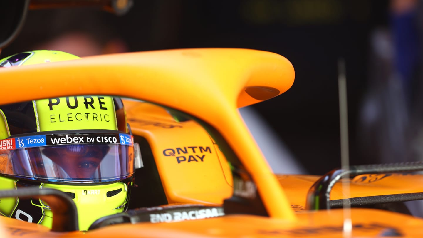 DOHA, QATAR - NOVEMBER 19: Lando Norris of Great Britain and McLaren F1 prepares to drive in the garage during practice ahead of the F1 Grand Prix of Qatar at Losail International Circuit on November 19, 2021 in Doha, Qatar. (Photo by Dan Istitene - Formula 1/Formula 1 via Getty Images)