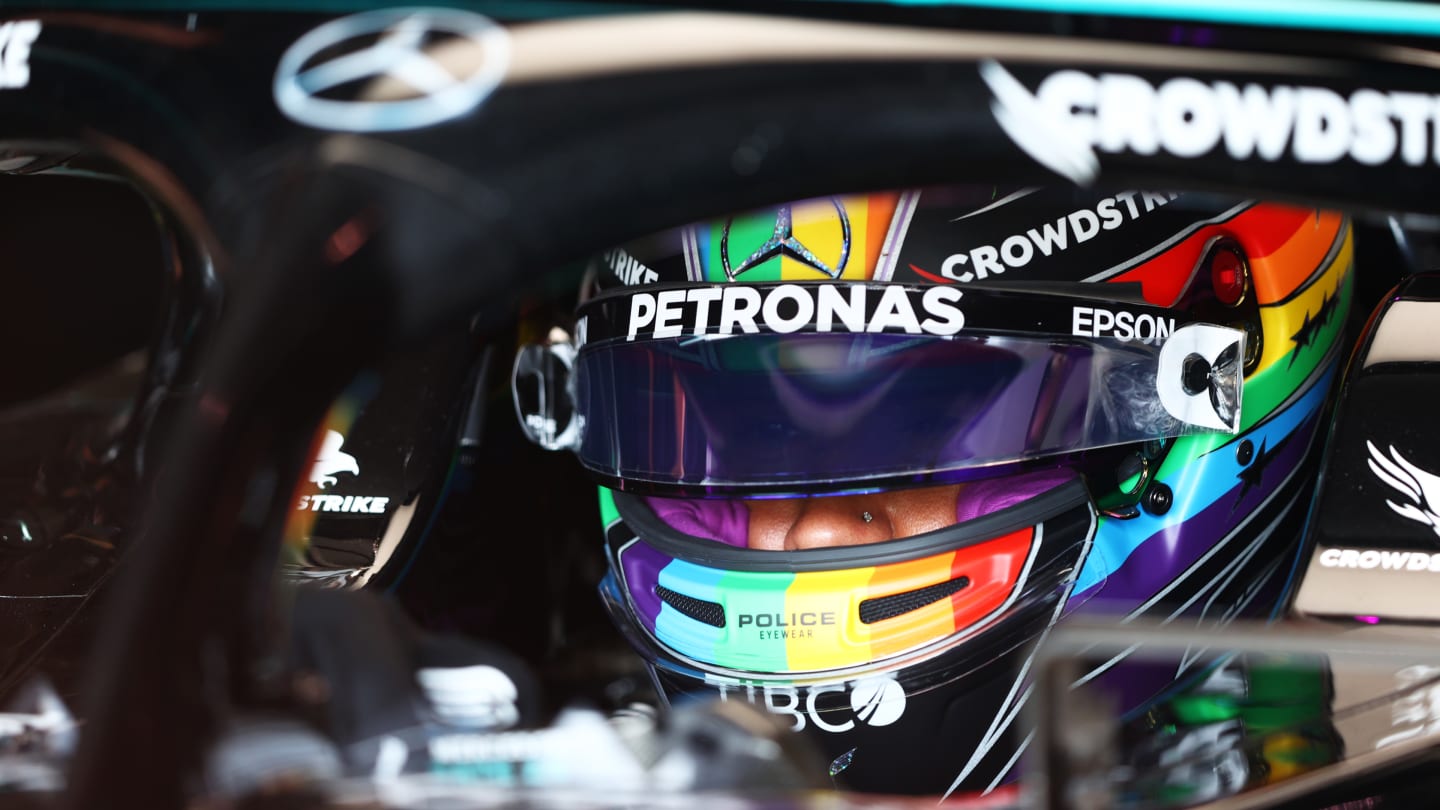 DOHA, QATAR - NOVEMBER 19: Lewis Hamilton of Great Britain and Mercedes GP prepares to drive in the garage during practice ahead of the F1 Grand Prix of Qatar at Losail International Circuit on November 19, 2021 in Doha, Qatar. (Photo by Dan Istitene - Formula 1/Formula 1 via Getty Images)