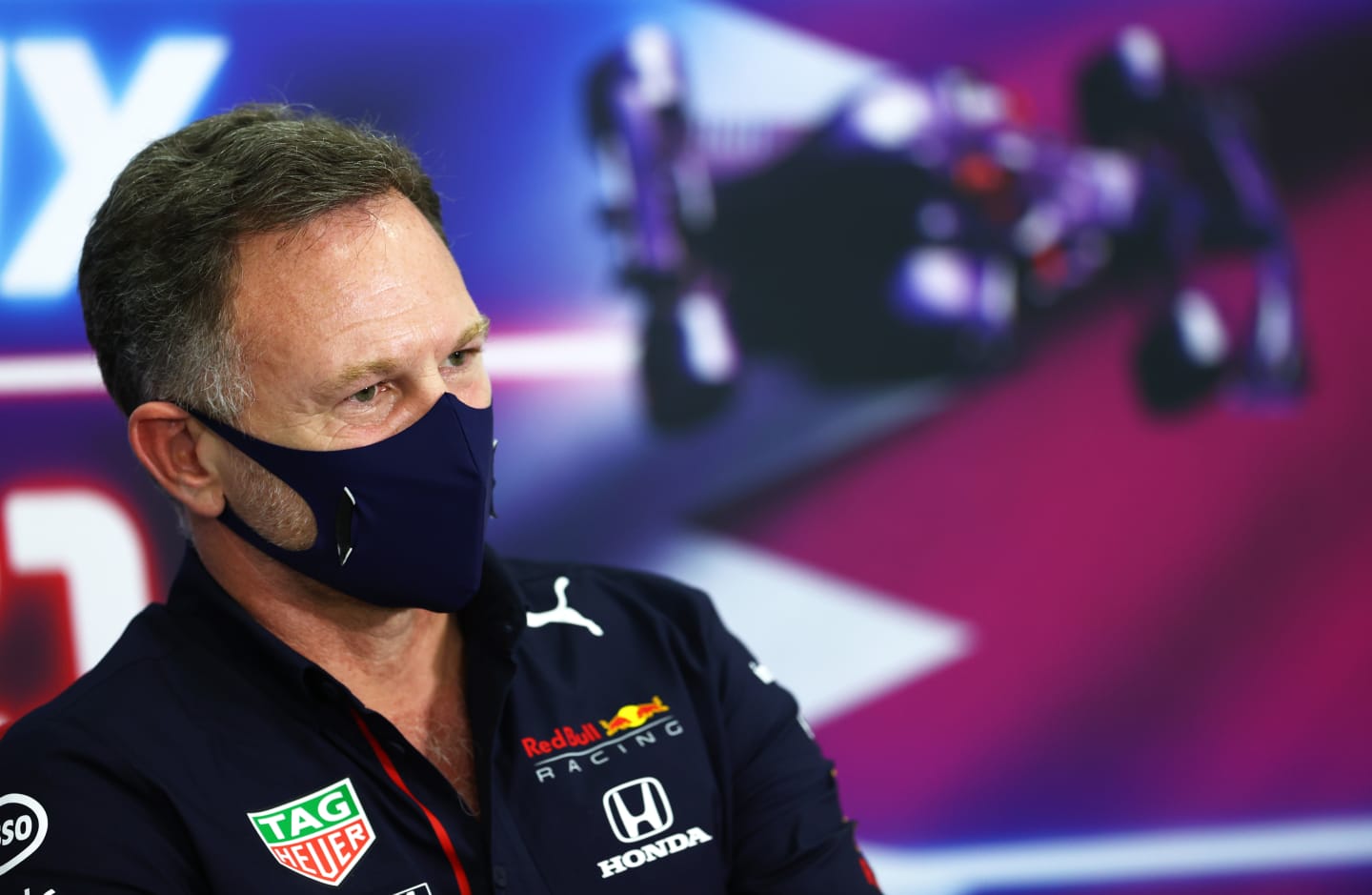 DOHA, QATAR - NOVEMBER 19: Red Bull Racing Team Principal Christian Horner talks in the Team Principals Press Conference during practice ahead of the F1 Grand Prix of Qatar at Losail International Circuit on November 19, 2021 in Doha, Qatar. (Photo by Dan Istitene/Getty Images)