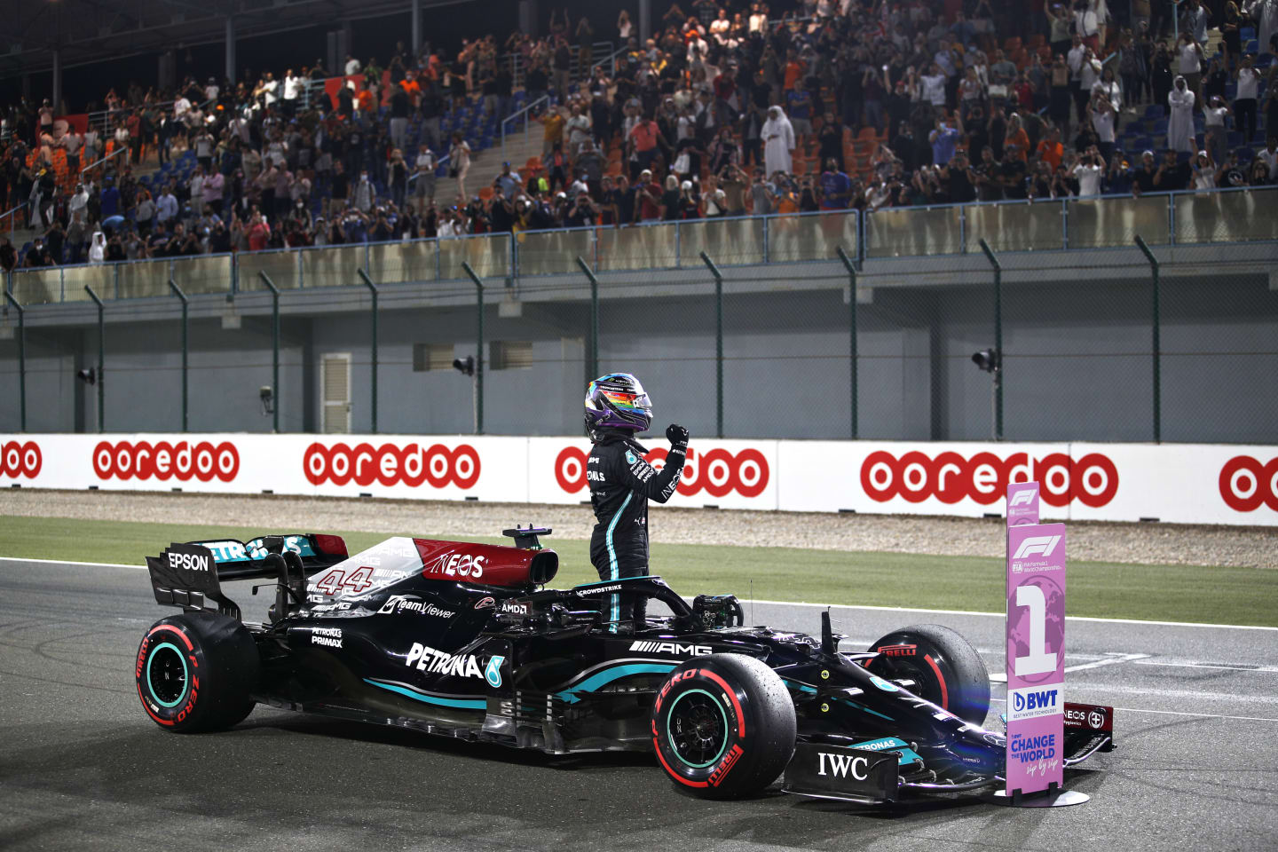DOHA, QATAR - NOVEMBER 20: Pole position qualifier Lewis Hamilton of Great Britain and Mercedes GP
