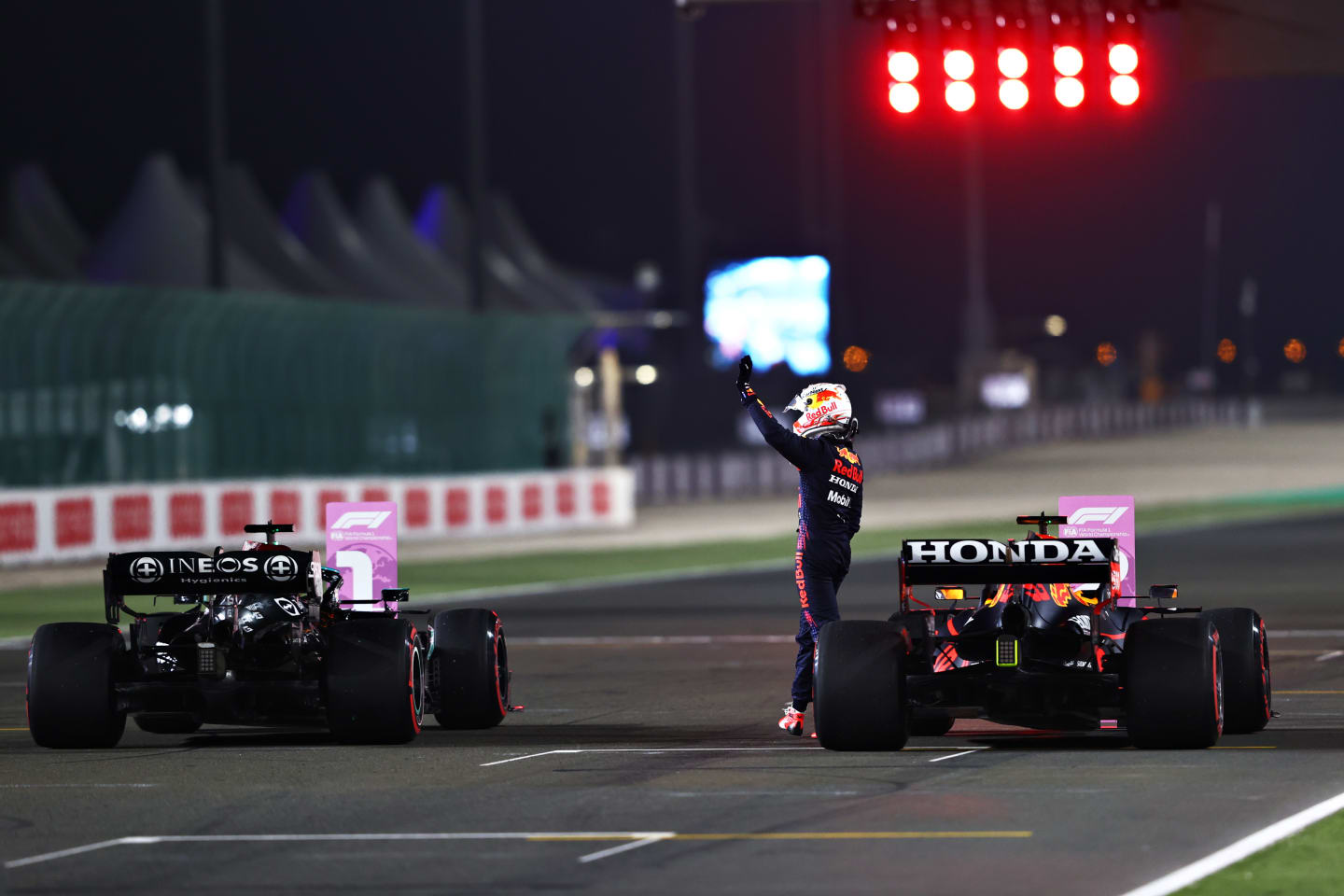 DOHA, QATAR - NOVEMBER 20: Second place qualifier Max Verstappen of Netherlands and Red Bull Racing celebrates in parc ferme during qualifying ahead of the F1 Grand Prix of Qatar at Losail International Circuit on November 20, 2021 in Doha, Qatar. (Photo by Mark Thompson/Getty Images)