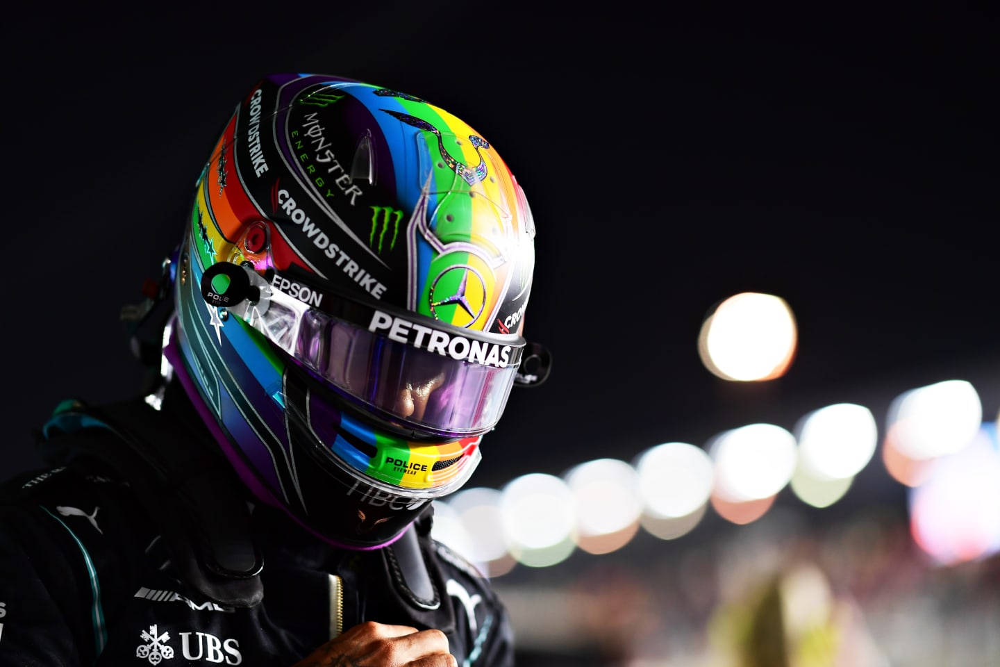 DOHA, QATAR - NOVEMBER 20: Pole position qualifier Lewis Hamilton of Great Britain and Mercedes GP looks on in parc ferme after qualifying ahead of the F1 Grand Prix of Qatar at Losail International Circuit on November 20, 2021 in Doha, Qatar. (Photo by Mario Renzi - Formula 1/Formula 1 via Getty Images)