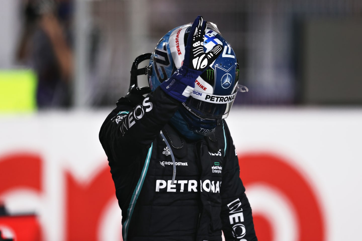 DOHA, QATAR - NOVEMBER 20: Third placed Valtteri Bottas of Finland and Mercedes GP celebrates in parc ferme during qualifying ahead of the F1 Grand Prix of Qatar at Losail International Circuit on November 20, 2021 in Doha, Qatar. (Photo by Lars Baron/Getty Images)
