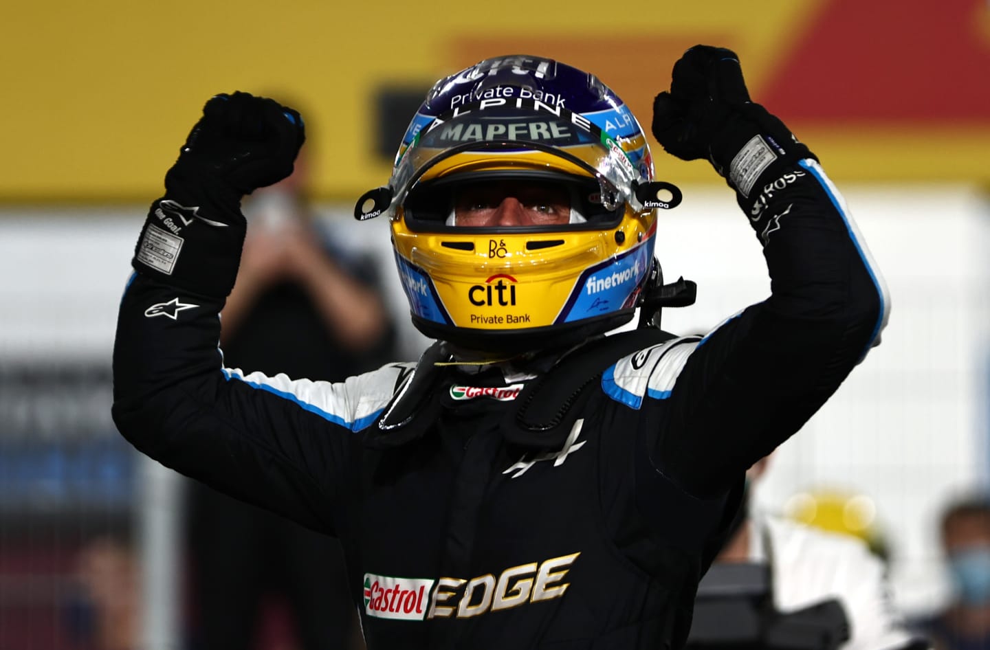 DOHA, QATAR - NOVEMBER 21: Third placed Fernando Alonso of Spain and Alpine F1 Team celebrates in
