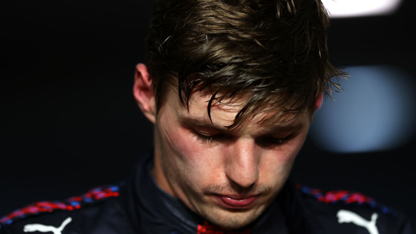 DOHA, QATAR - NOVEMBER 21: Second placed Max Verstappen of Netherlands and Red Bull Racing looks on in parc ferme during the F1 Grand Prix of Qatar at Losail International Circuit on November 21, 2021 in Doha, Qatar. (Photo by Dan Istitene - Formula 1/Formula 1 via Getty Images)