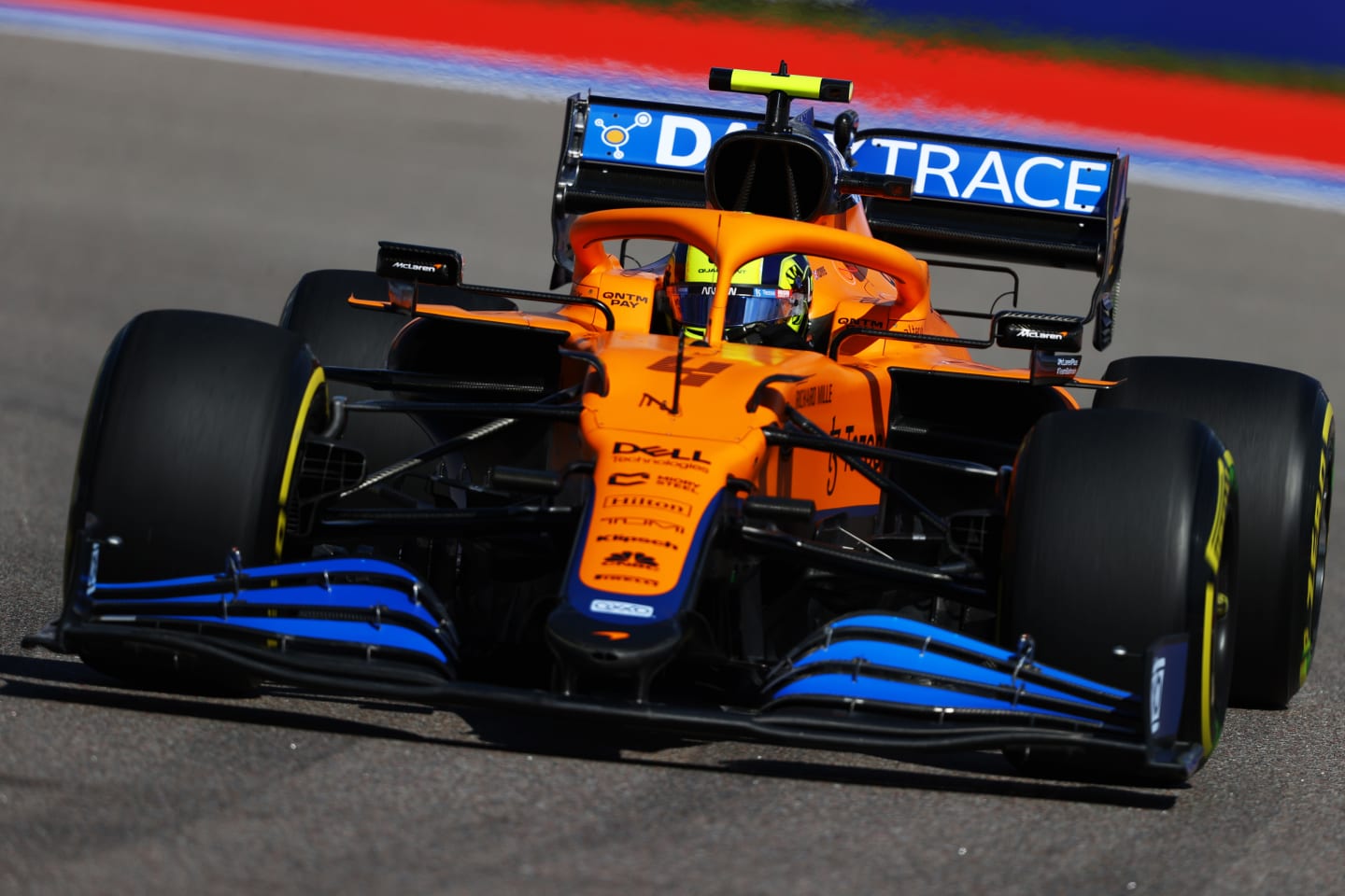 SOCHI, RUSSIA - SEPTEMBER 24: Lando Norris of Great Britain driving the (4) McLaren F1 Team MCL35M Mercedes during practice ahead of the F1 Grand Prix of Russia at Sochi Autodrom on September 24, 2021 in Sochi, Russia. (Photo by Bryn Lennon/Getty Images)