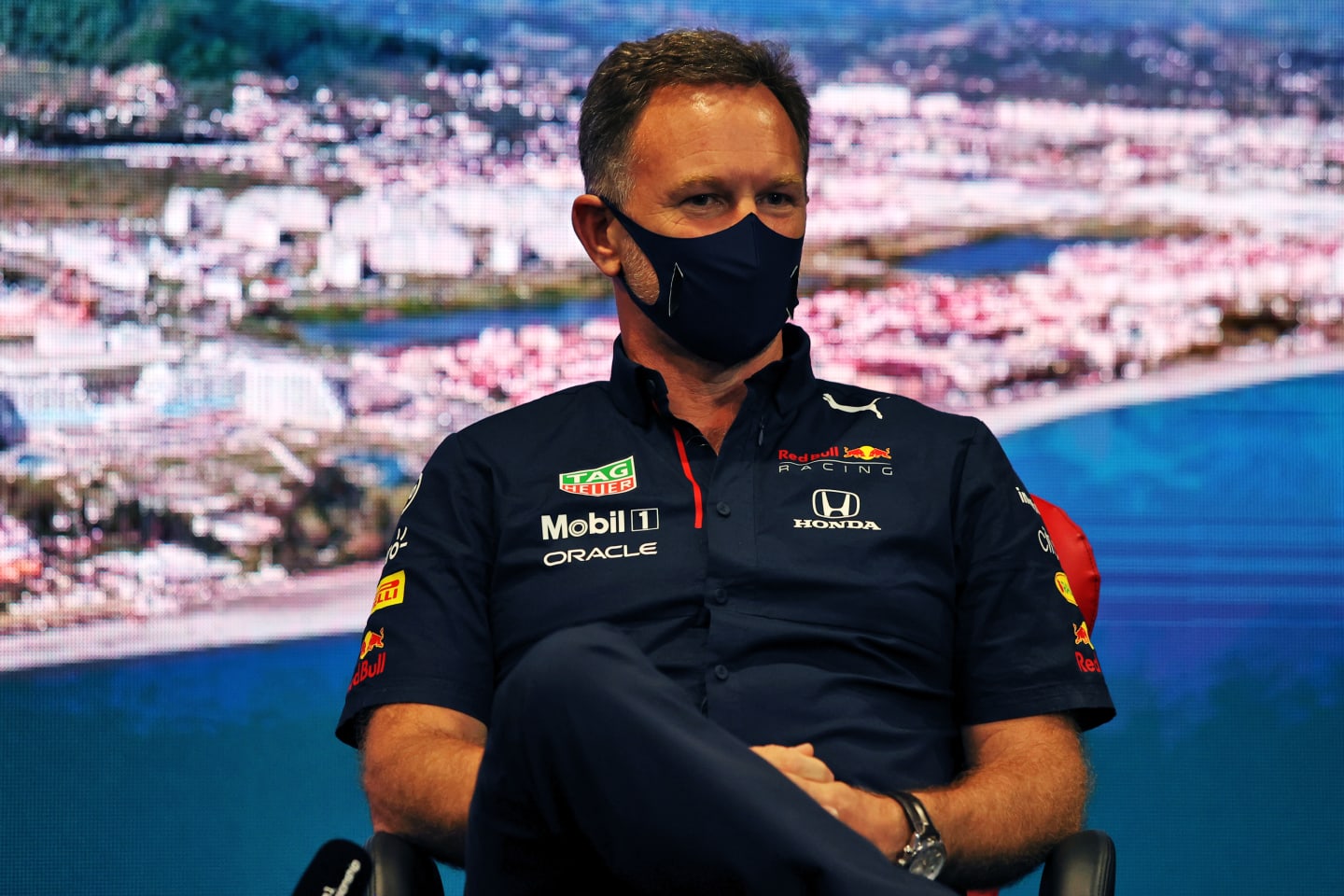 SOCHI, RUSSIA - SEPTEMBER 24: Red Bull Racing Team Principal Christian Horner talks in the Team Principals Press Conference during practice ahead of the F1 Grand Prix of Russia at Sochi Autodrom on September 24, 2021 in Sochi, Russia. (Photo by XPB - Pool/Getty Images)