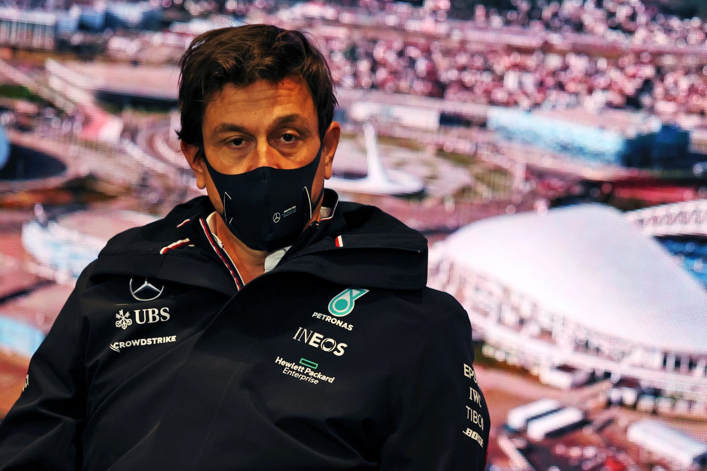 SOCHI, RUSSIA - SEPTEMBER 24: Mercedes GP Executive Director Toto Wolff talks in the Team Principals Press Conference during practice ahead of the F1 Grand Prix of Russia at Sochi Autodrom on September 24, 2021 in Sochi, Russia. (Photo by XPB - Pool/Getty Images)