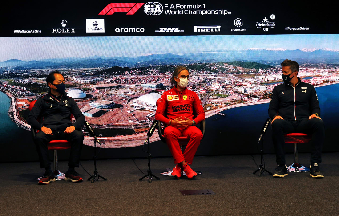 SOCHI, RUSSIA - SEPTEMBER 24: Toyoharu Tanabe of Honda, Laurent Mekies, Scuderia Ferrari Sporting Director and Marcin Budkowski, Executive Director of Alpine F1 Team talk in the Team Principals Press Conference during practice ahead of the F1 Grand Prix of Russia at Sochi Autodrom on September 24, 2021 in Sochi, Russia. (Photo by XPB - Pool/Getty Images)