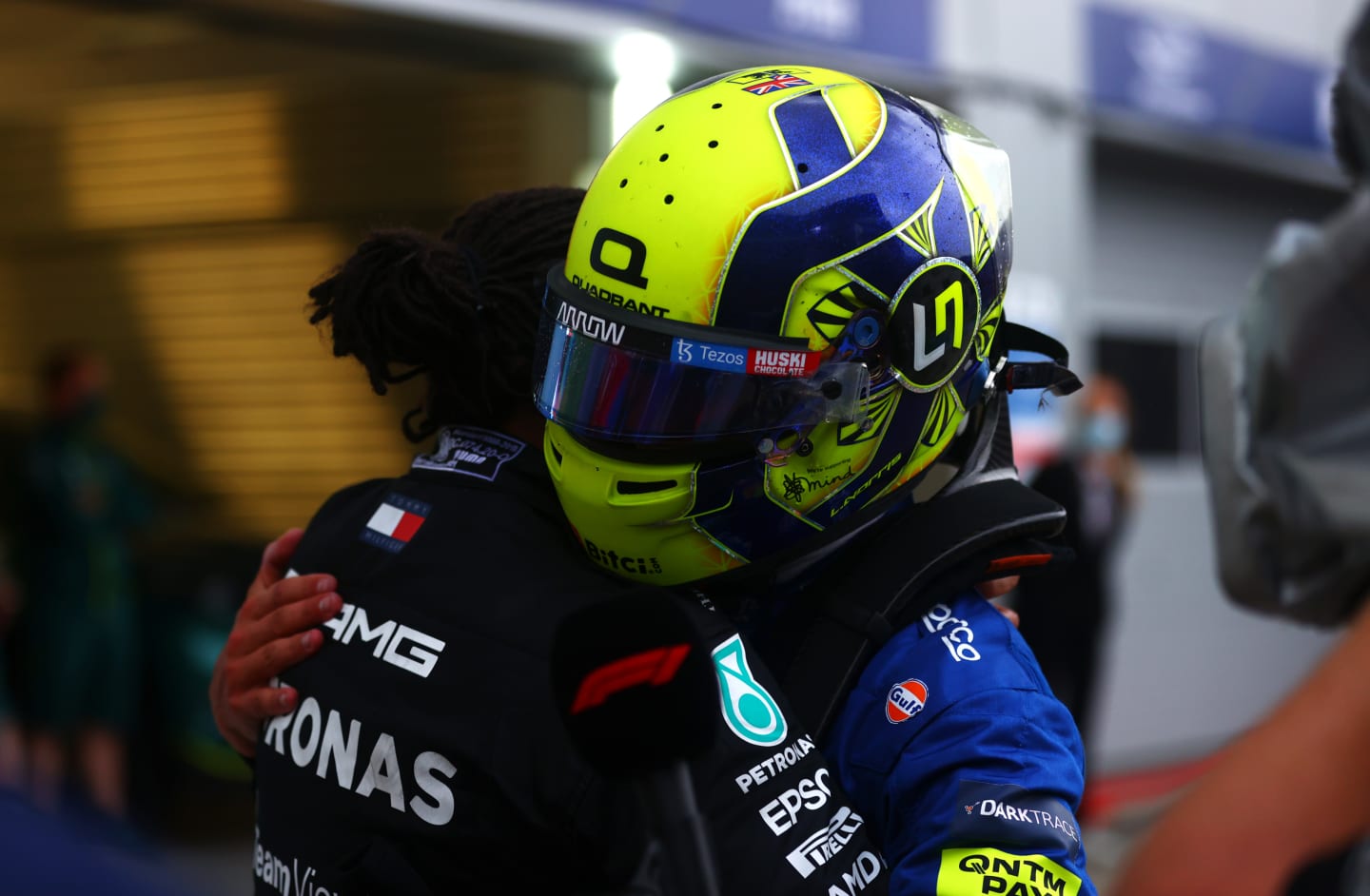 SOCHI, RUSSIA - SEPTEMBER 26: Race winner Lewis Hamilton of Great Britain and Mercedes GP hugs