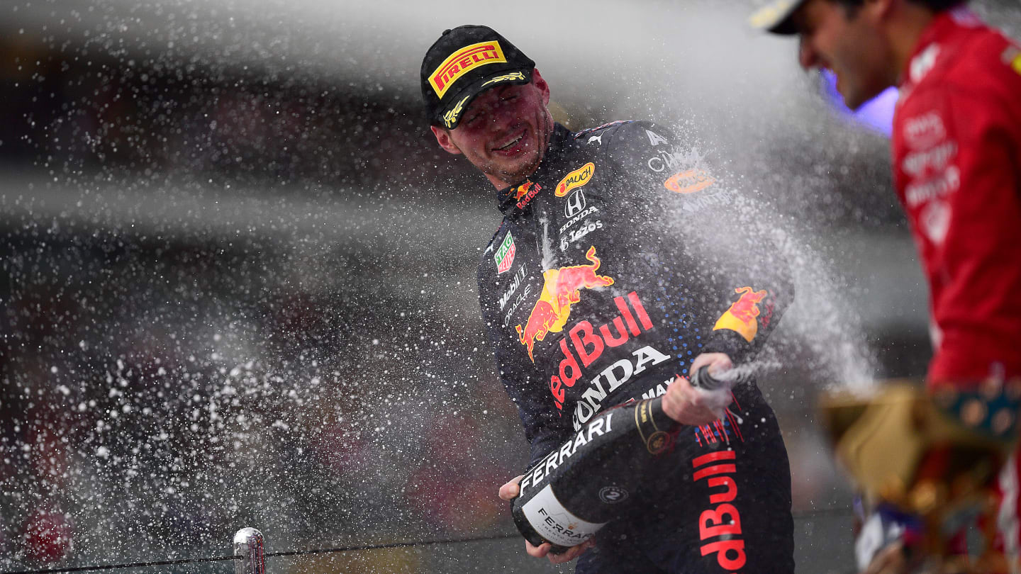 SOCHI, RUSSIA - SEPTEMBER 26: Second placed Max Verstappen of Netherlands and Red Bull Racing celebrates on the podium during the F1 Grand Prix of Russia at Sochi Autodrom on September 26, 2021 in Sochi, Russia. (Photo by Mario Renzi - Formula 1/Formula 1 via Getty Images)