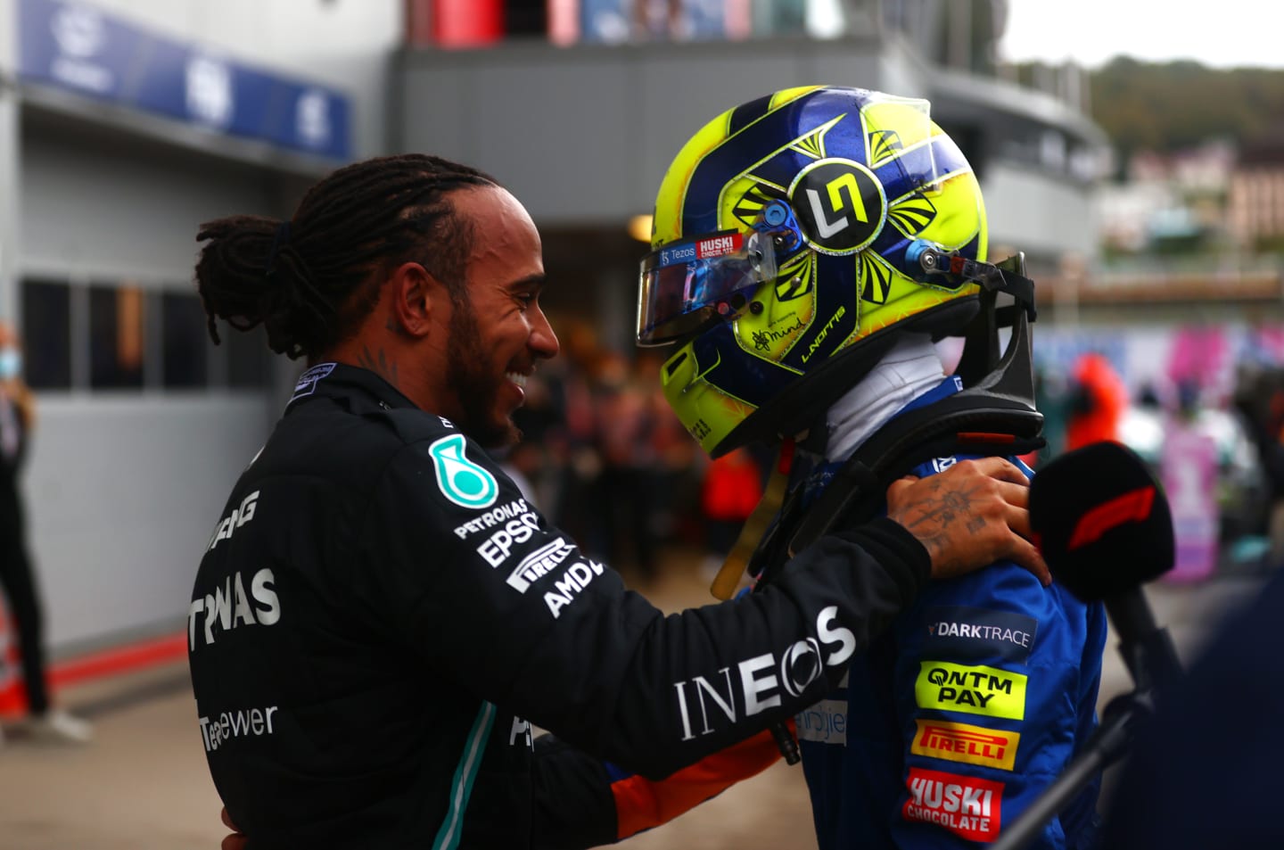 SOCHI, RUSSIA - SEPTEMBER 26: Race winner Lewis Hamilton of Great Britain and Mercedes GP hugs