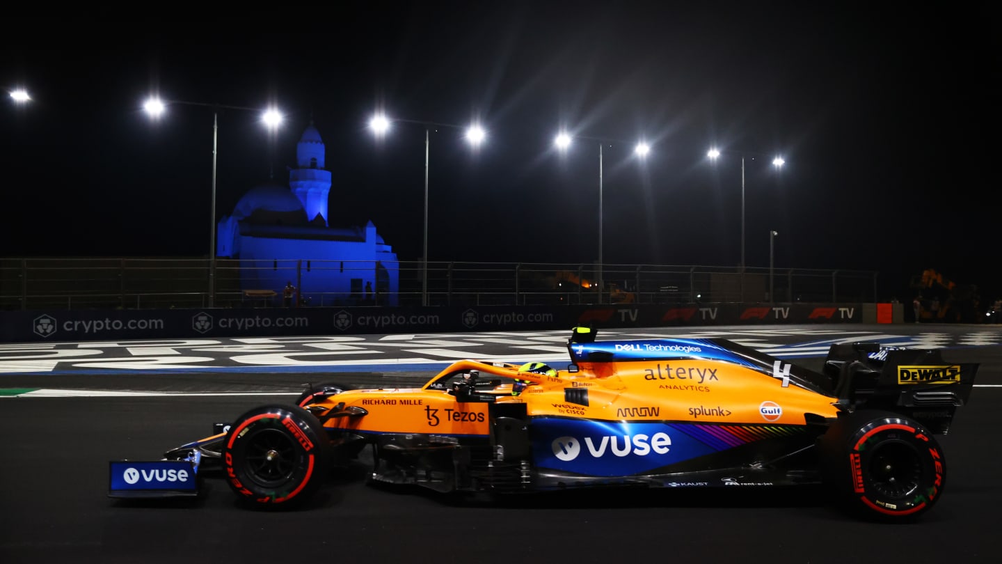 JEDDAH, SAUDI ARABIA - DECEMBER 04: Lando Norris of Great Britain driving the (4) McLaren F1 Team MCL35M Mercedes during qualifying ahead of the F1 Grand Prix of Saudi Arabia at Jeddah Corniche Circuit on December 04, 2021 in Jeddah, Saudi Arabia. (Photo by Bryn Lennon - Formula 1/Formula 1 via Getty Images)