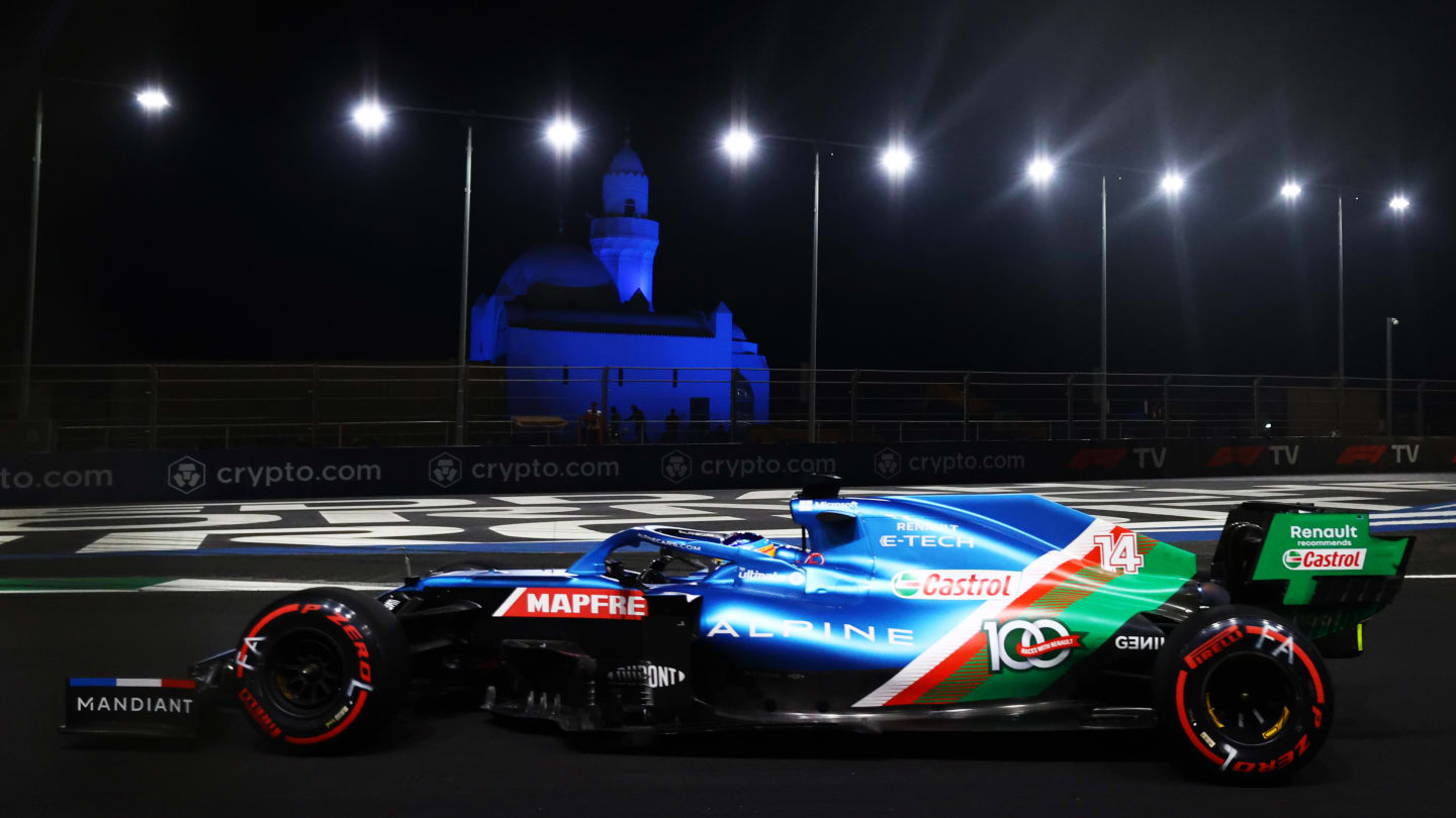 JEDDAH, SAUDI ARABIA - DECEMBER 04: Fernando Alonso of Spain driving the (14) Alpine A521 Renault