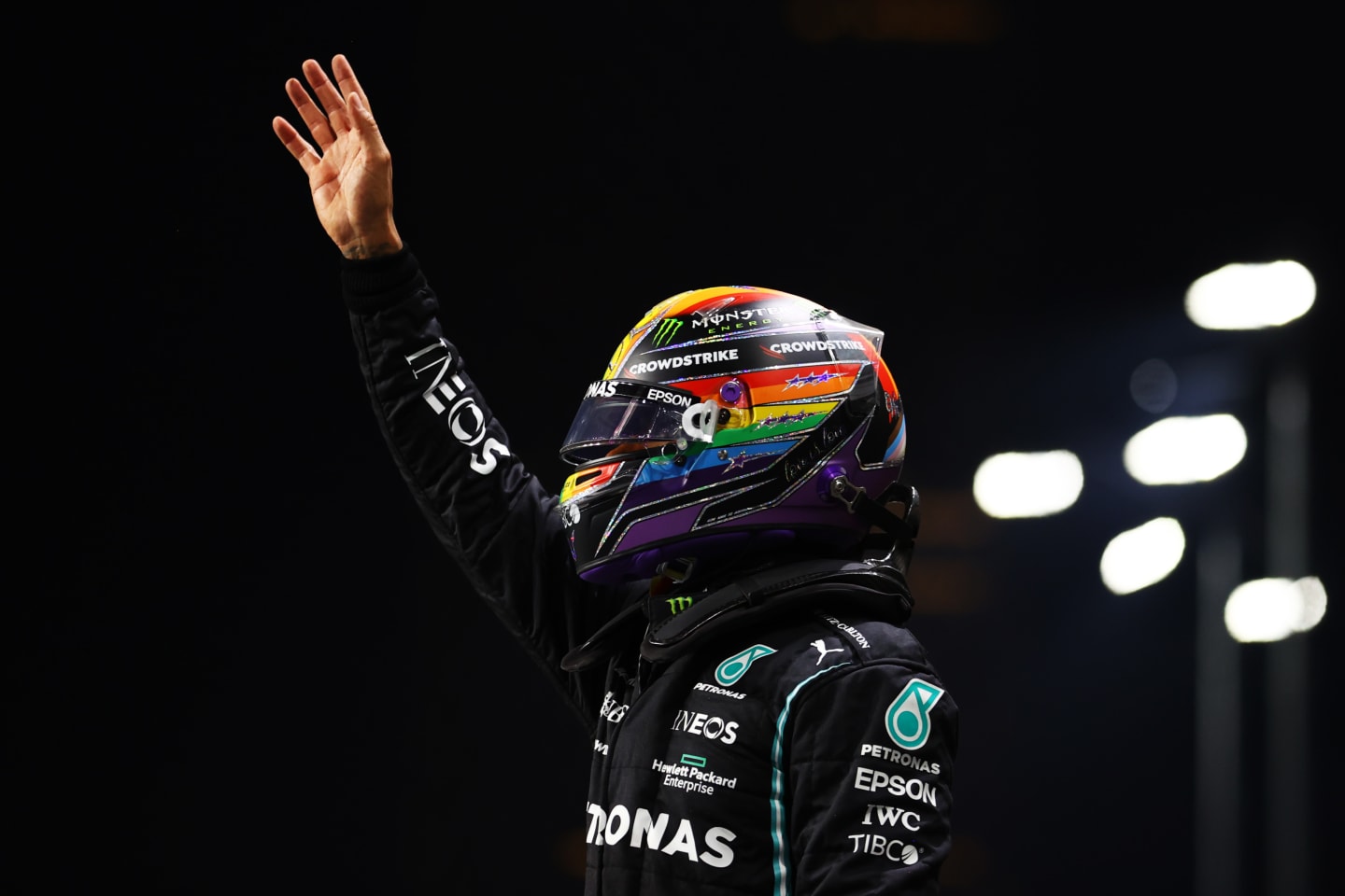 JEDDAH, SAUDI ARABIA - DECEMBER 04: Pole position qualifier Lewis Hamilton of Great Britain and Mercedes GP celebrates in parc ferme during qualifying ahead of the F1 Grand Prix of Saudi Arabia at Jeddah Corniche Circuit on December 04, 2021 in Jeddah, Saudi Arabia. (Photo by Bryn Lennon - Formula 1/Formula 1 via Getty Images)