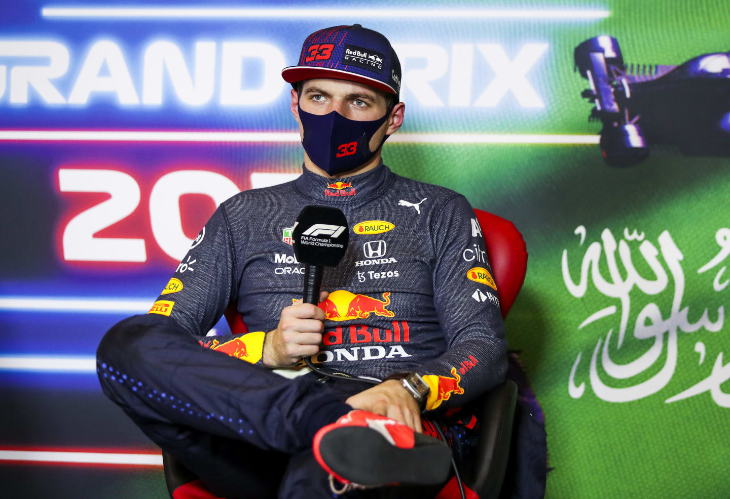 JEDDAH, SAUDI ARABIA - DECEMBER 04: Max Verstappen of Netherlands and Red Bull Racing talks in the press conference after qualifying ahead of the F1 Grand Prix of Saudi Arabia at Jeddah Corniche Circuit on December 04, 2021 in Jeddah, Saudi Arabia. (Photo by Florent Gooden - Pool/Getty Images)