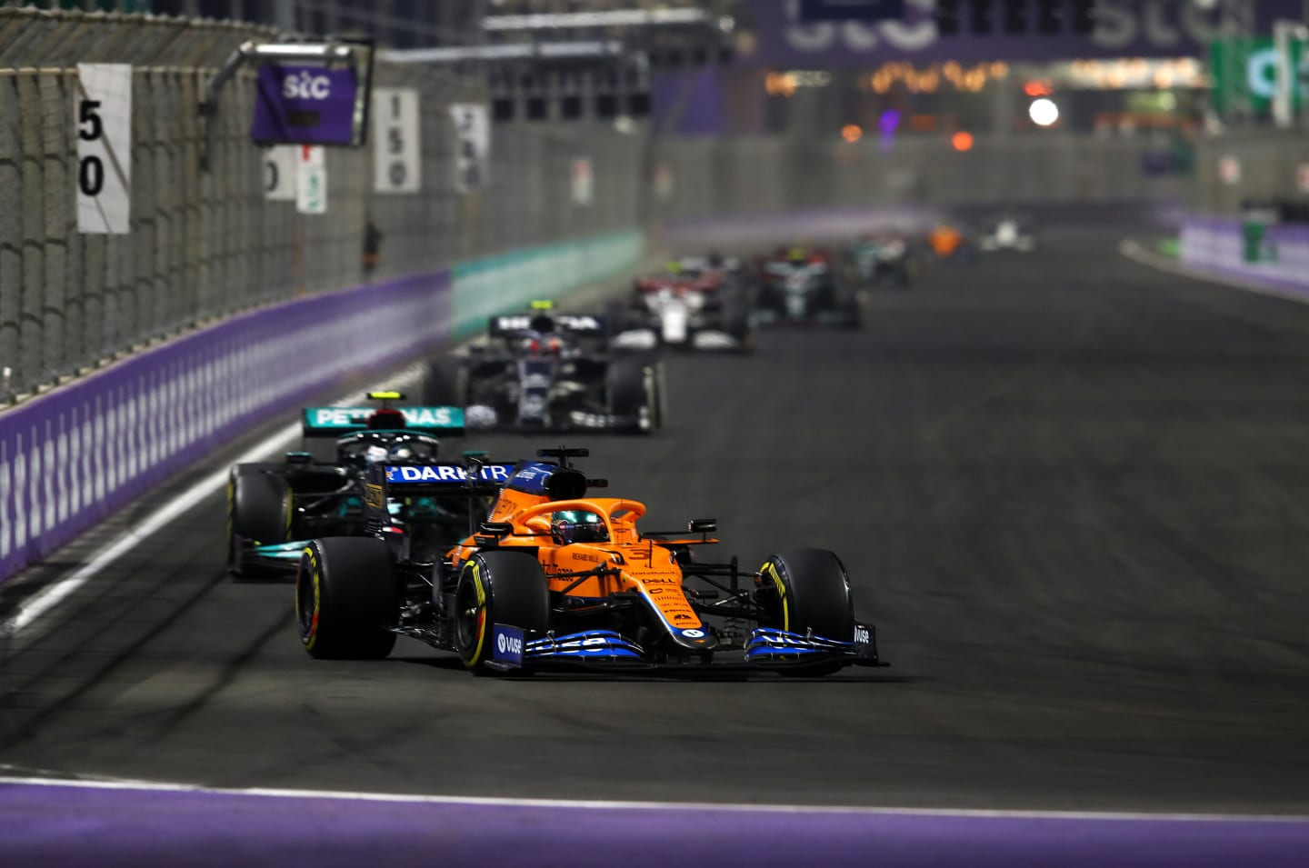 JEDDAH, SAUDI ARABIA - DECEMBER 05: Daniel Ricciardo of Australia driving the (3) McLaren F1 Team MCL35M Mercedes during the F1 Grand Prix of Saudi Arabia at Jeddah Corniche Circuit on December 05, 2021 in Jeddah, Saudi Arabia. (Photo by Joe Portlock - Formula 1/Formula 1 via Getty Images)