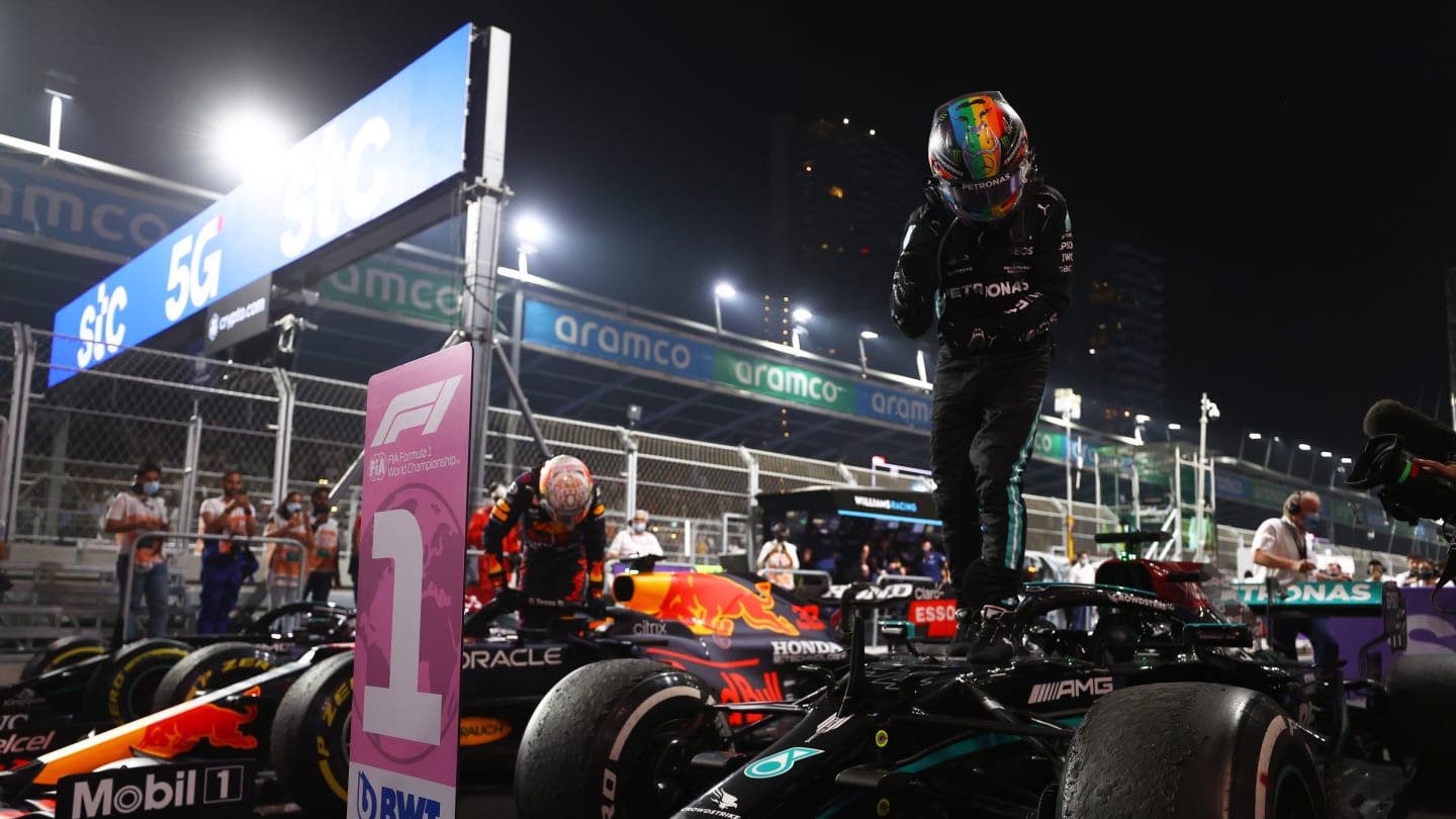 JEDDAH, SAUDI ARABIA - DECEMBER 05: Race winner Lewis Hamilton of Great Britain and Mercedes GP