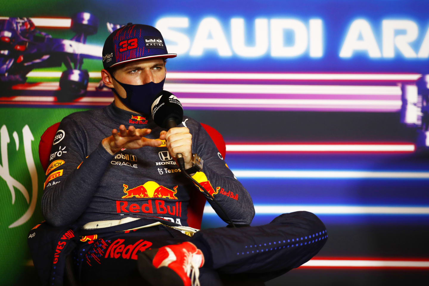 JEDDAH, SAUDI ARABIA - DECEMBER 05: Second placed Max Verstappen of Netherlands and Red Bull Racing talks in the press conference after the F1 Grand Prix of Saudi Arabia at Jeddah Corniche Circuit on December 05, 2021 in Jeddah, Saudi Arabia. (Photo by Sam Bloxham - Pool/Getty Images)