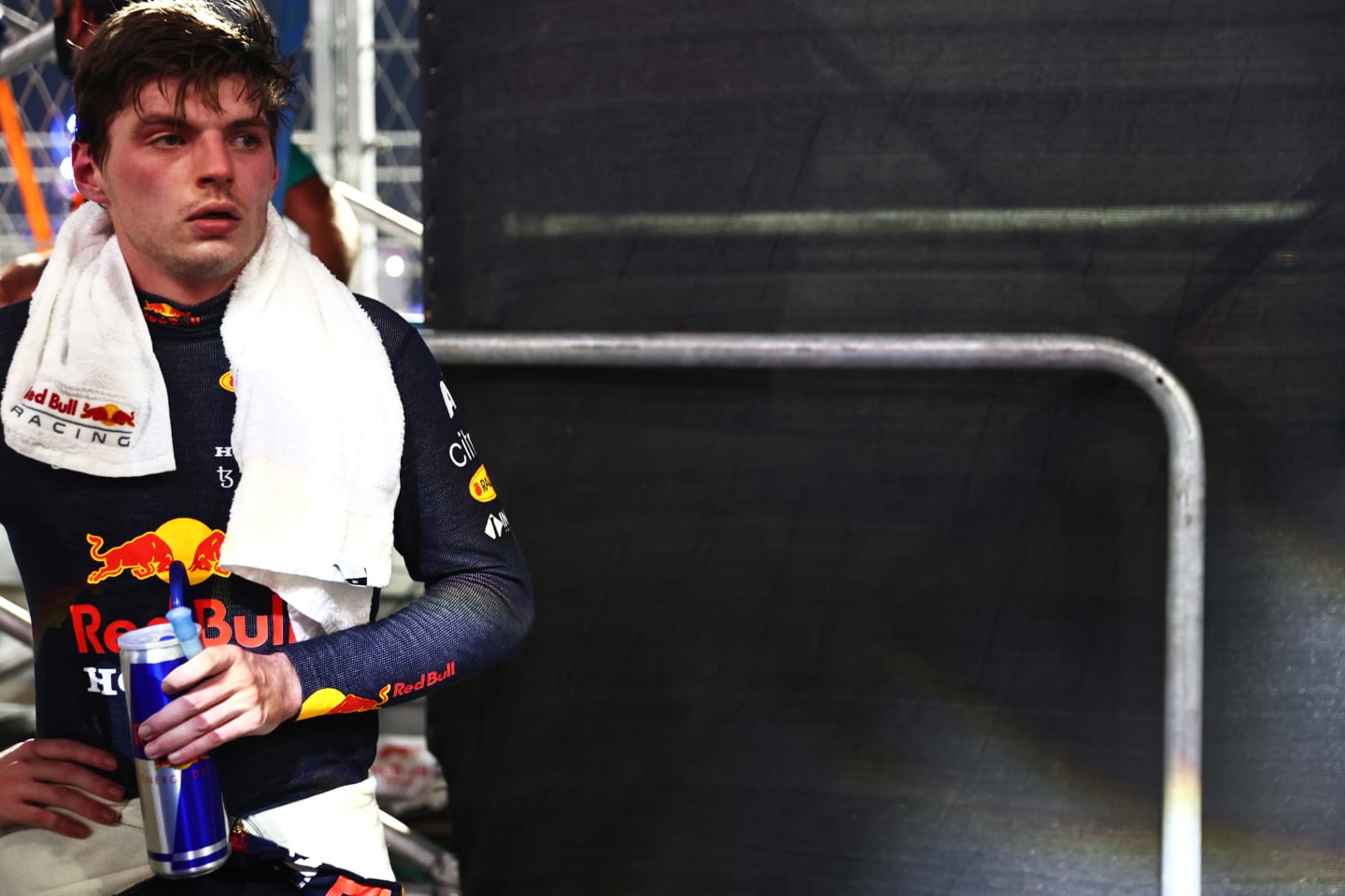 JEDDAH, SAUDI ARABIA - DECEMBER 05: Second placed Max Verstappen of Netherlands and Red Bull Racing looks on in parc ferme during the F1 Grand Prix of Saudi Arabia at Jeddah Corniche Circuit on December 05, 2021 in Jeddah, Saudi Arabia. (Photo by Mark Thompson/Getty Images)
