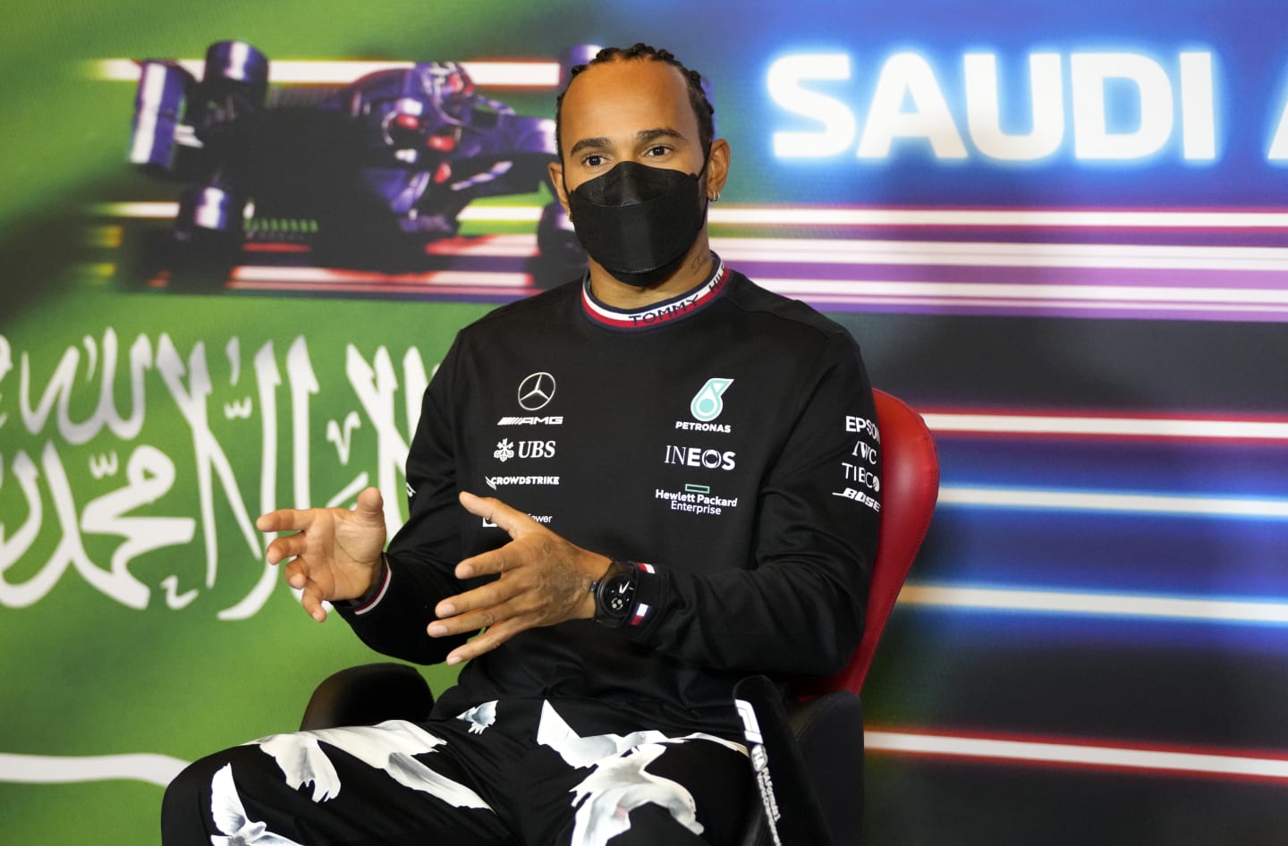 JEDDAH, SAUDI ARABIA - DECEMBER 02: Lewis Hamilton of Great Britain and Mercedes GP talks in the