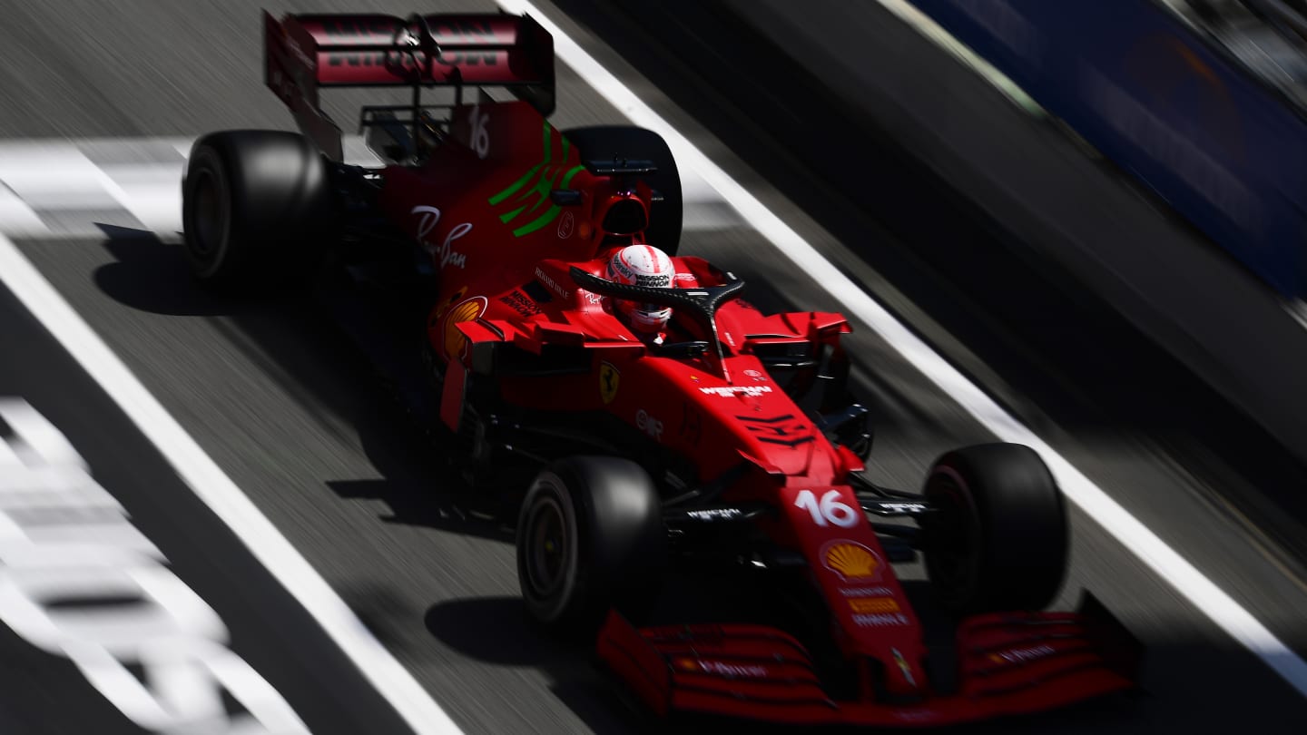 BARCELONA, SPAIN - MAY 07: Charles Leclerc of Monaco driving the (16) Scuderia Ferrari SF21 in the