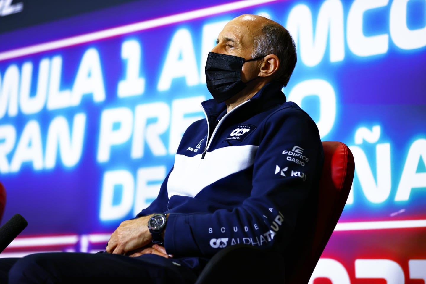 BARCELONA, SPAIN - MAY 07: Scuderia AlphaTauri Team Principal Franz Tost talks in the Team Principals Press Conference during practice for the F1 Grand Prix of Spain at Circuit de Barcelona-Catalunya on May 07, 2021 in Barcelona, Spain. (Photo by Dan Istitene/Getty Images)