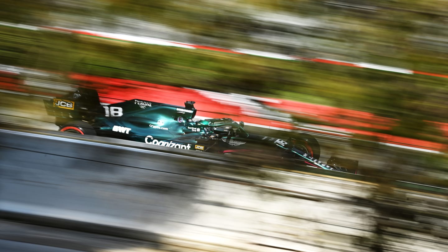 BARCELONA, SPAIN - MAY 07: Lance Stroll of Canada driving the (18) Aston Martin AMR21 Mercedes during practice for the F1 Grand Prix of Spain at Circuit de Barcelona-Catalunya on May 07, 2021 in Barcelona, Spain. (Photo by Clive Mason - Formula 1/Formula 1 via Getty Images)
