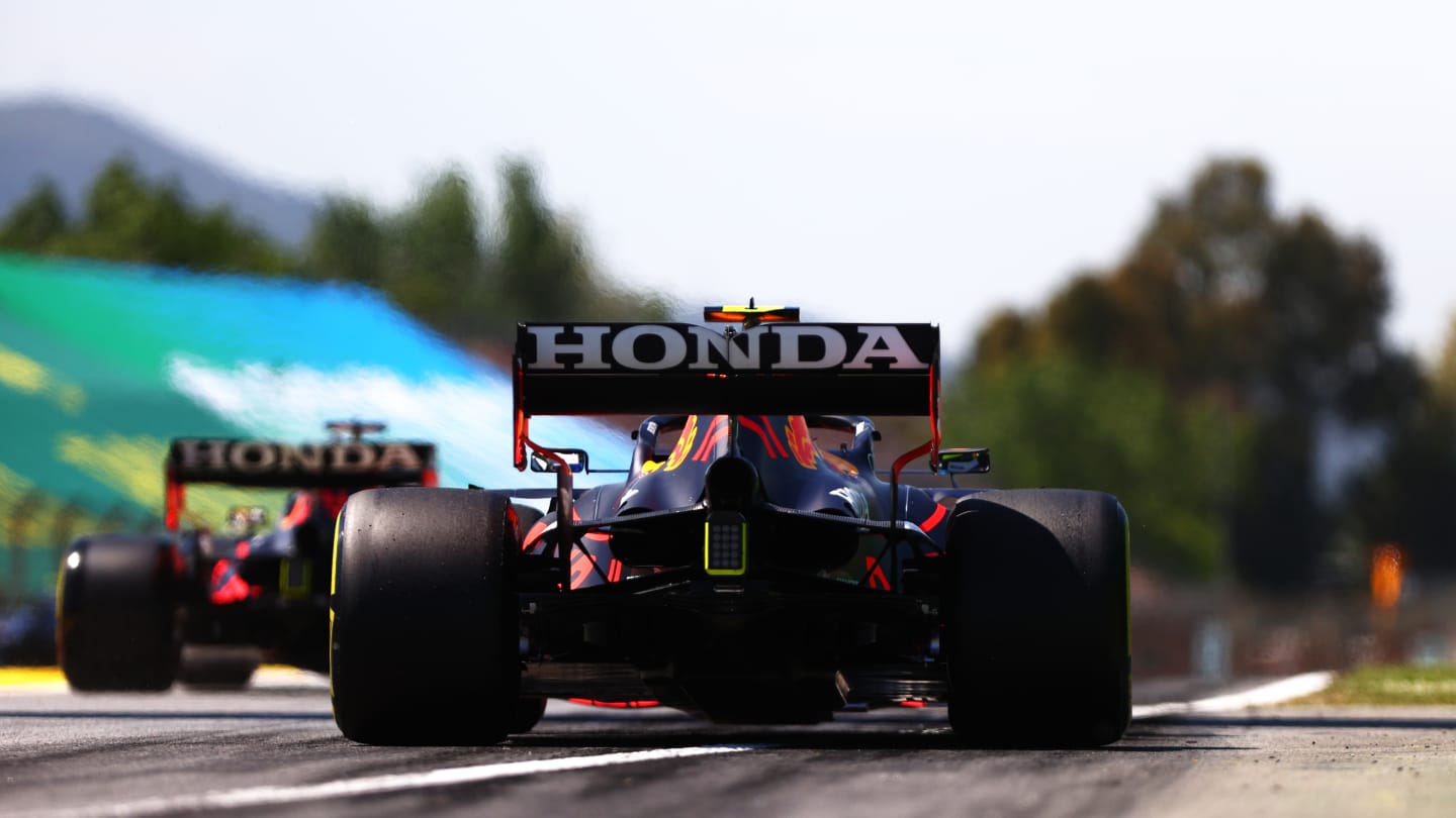 BARCELONA, SPAIN - MAY 08: Sergio Perez of Mexico driving the (11) Red Bull Racing RB16B Honda leaves the pitlane during final practice for the F1 Grand Prix of Spain at Circuit de Barcelona-Catalunya on May 08, 2021 in Barcelona, Spain. (Photo by Dan Istitene - Formula 1/Formula 1 via Getty Images)