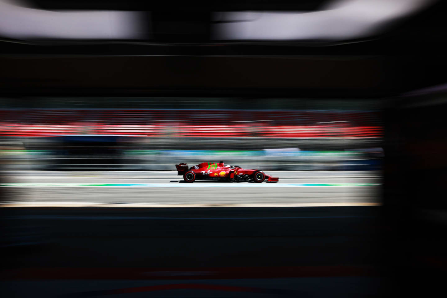 BARCELONA, SPAIN - MAY 08: Charles Leclerc of Monaco driving the (16) Scuderia Ferrari SF21 in the Pitlane during qualifying for the F1 Grand Prix of Spain at Circuit de Barcelona-Catalunya on May 08, 2021 in Barcelona, Spain. (Photo by Mark Thompson/Getty Images)