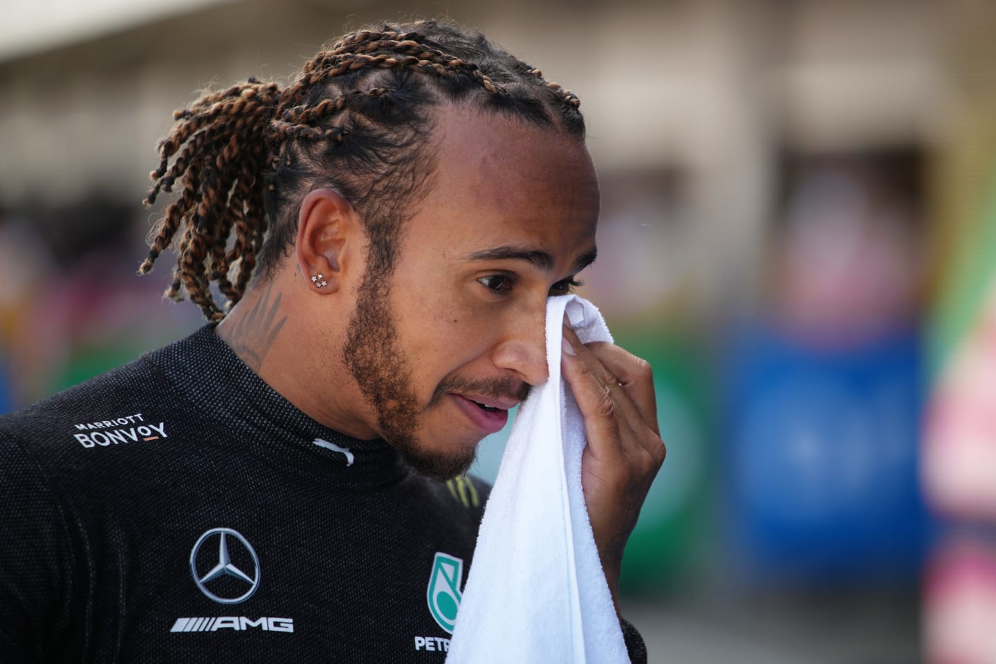 BARCELONA, SPAIN - MAY 08: Pole position qualifier Lewis Hamilton of Great Britain and Mercedes GP reacts in parc ferme during qualifying for the F1 Grand Prix of Spain at Circuit de Barcelona-Catalunya on May 08, 2021 in Barcelona, Spain. (Photo by Emilio Morenatti - Pool/Getty Images)