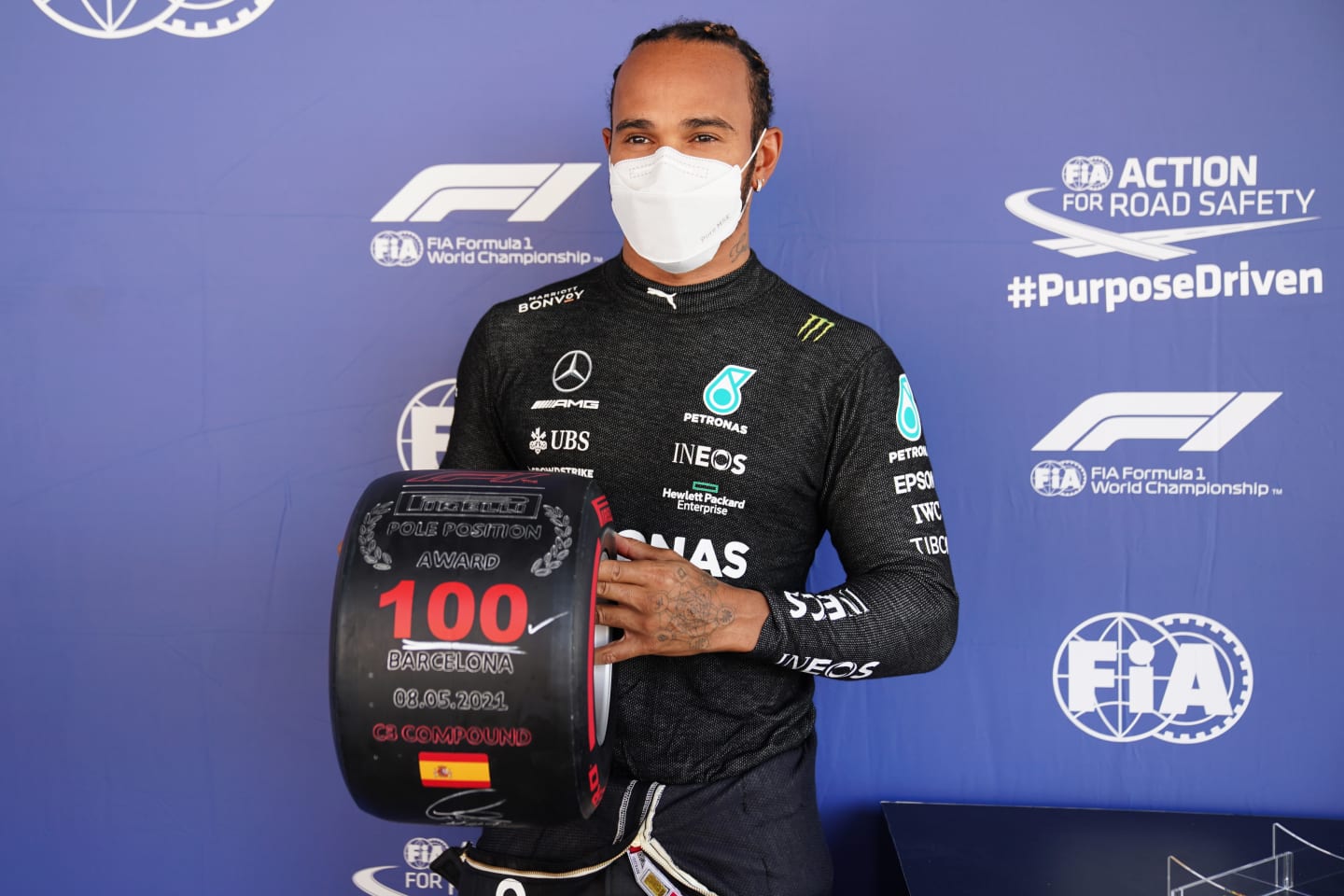 BARCELONA, SPAIN - MAY 08: Pole position qualifier Lewis Hamilton of Great Britain and Mercedes GP celebrates with his pole position award in parc ferme after qualifying for the F1 Grand Prix of Spain at Circuit de Barcelona-Catalunya on May 08, 2021 in Barcelona, Spain. (Photo by Emilio Morenatti - Pool/Getty Images)