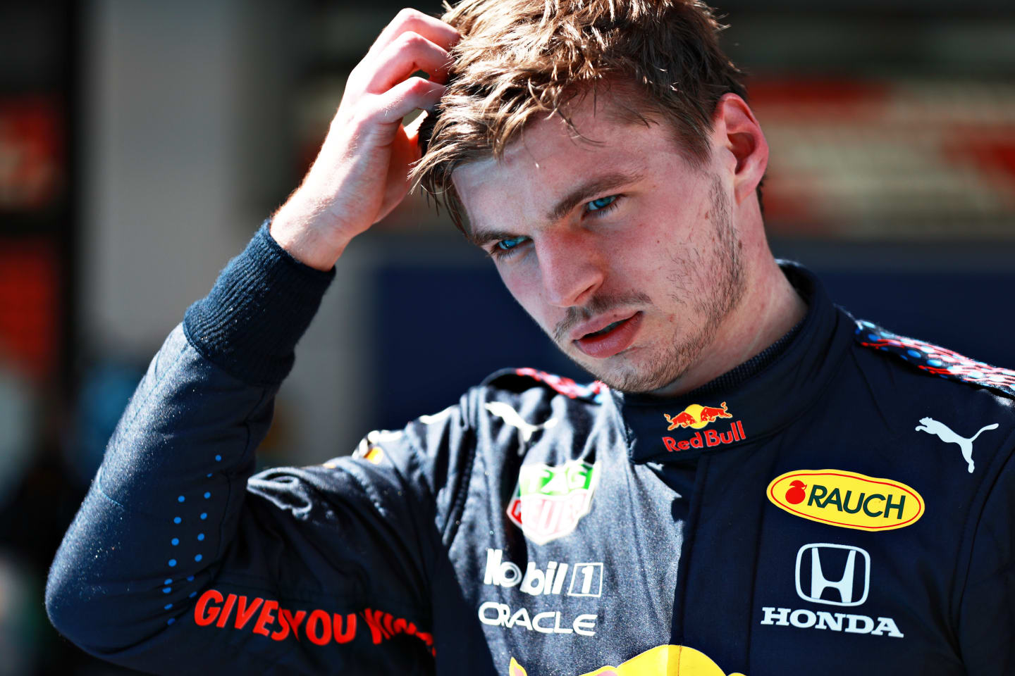 BARCELONA, SPAIN - MAY 08: Second place qualifier Max Verstappen of Netherlands and Red Bull Racing looks on in parc ferme during qualifying for the F1 Grand Prix of Spain at Circuit de Barcelona-Catalunya on May 08, 2021 in Barcelona, Spain. (Photo by Mark Thompson/Getty Images)