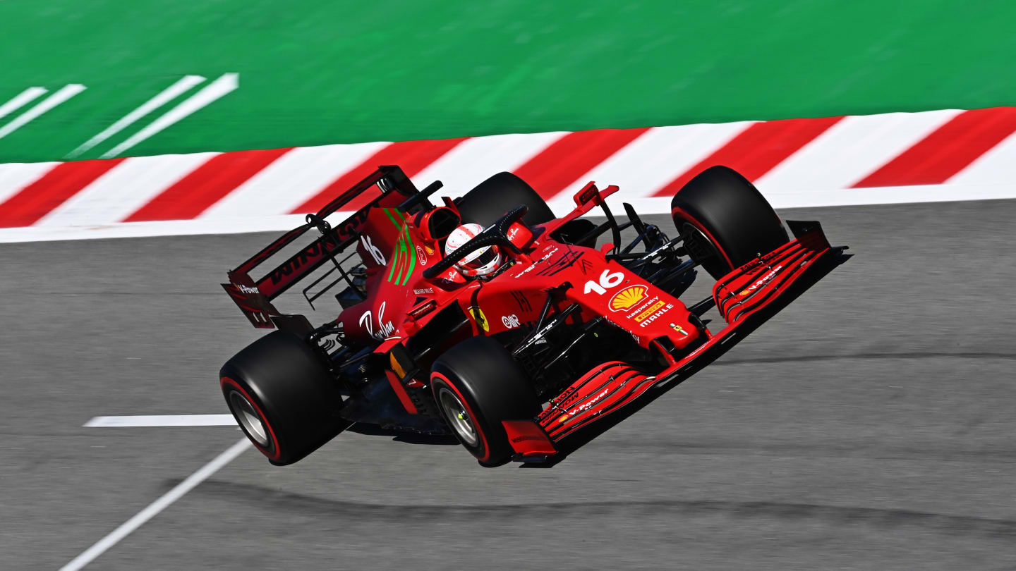 BARCELONA, SPAIN - MAY 08: Charles Leclerc of Monaco driving the (16) Scuderia Ferrari SF21 on