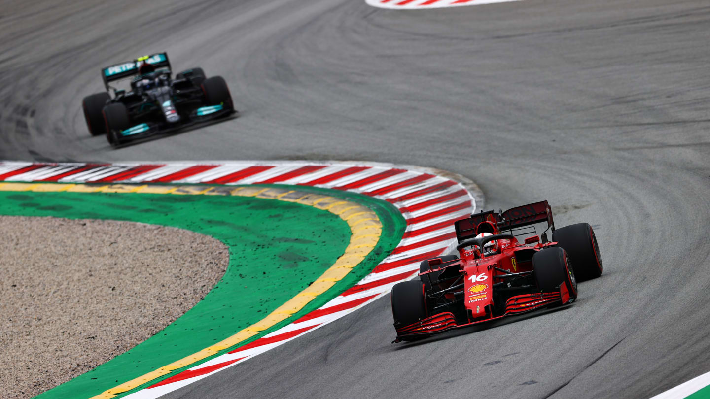 BARCELONA, SPAIN - MAY 09: Charles Leclerc of Monaco driving the (16) Scuderia Ferrari SF21 leads