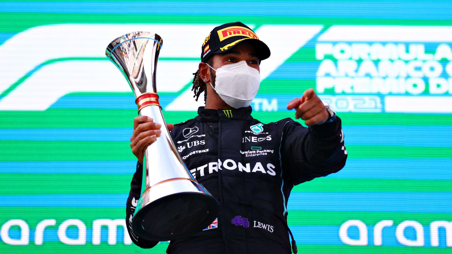 BARCELONA, SPAIN - MAY 09: Race winner Lewis Hamilton of Great Britain and Mercedes GP celebrates