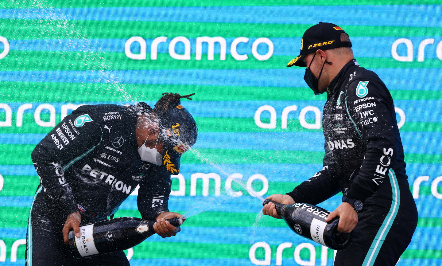 BARCELONA, SPAIN - MAY 09: Race winner Lewis Hamilton of Great Britain and Mercedes GP and third
