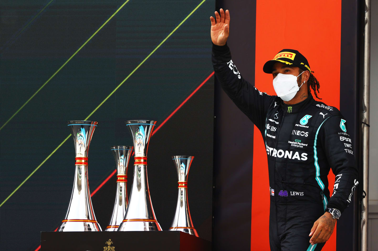 BARCELONA, SPAIN - MAY 09: Race winner Lewis Hamilton of Great Britain and Mercedes GP celebrates on the podium during the F1 Grand Prix of Spain at Circuit de Barcelona-Catalunya on May 09, 2021 in Barcelona, Spain. (Photo by Bryn Lennon/Getty Images)
