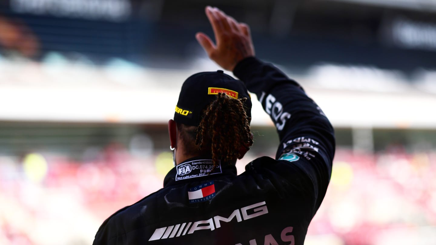 BARCELONA, SPAIN - MAY 09: Race winner Lewis Hamilton of Great Britain and Mercedes GP celebrates on the podium during the F1 Grand Prix of Spain at Circuit de Barcelona-Catalunya on May 09, 2021 in Barcelona, Spain. (Photo by Mario Renzi - Formula 1/Formula 1 via Getty Images)
