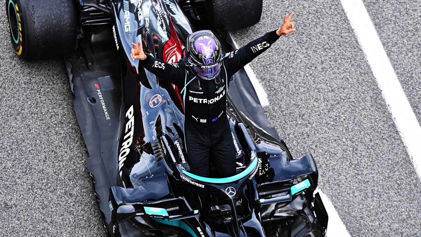 BARCELONA, SPAIN - MAY 09: Race winner Lewis Hamilton of Great Britain and Mercedes GP celebrates in parc ferme during the F1 Grand Prix of Spain at Circuit de Barcelona-Catalunya on May 09, 2021 in Barcelona, Spain. (Photo by Clive Mason - Formula 1/Formula 1 via Getty Images)