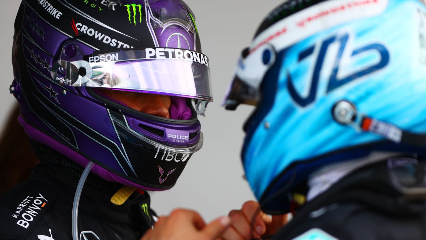 BARCELONA, SPAIN - MAY 09:  Lewis Hamilton of Great Britain  Mercedes AMG Petronas is congratulated